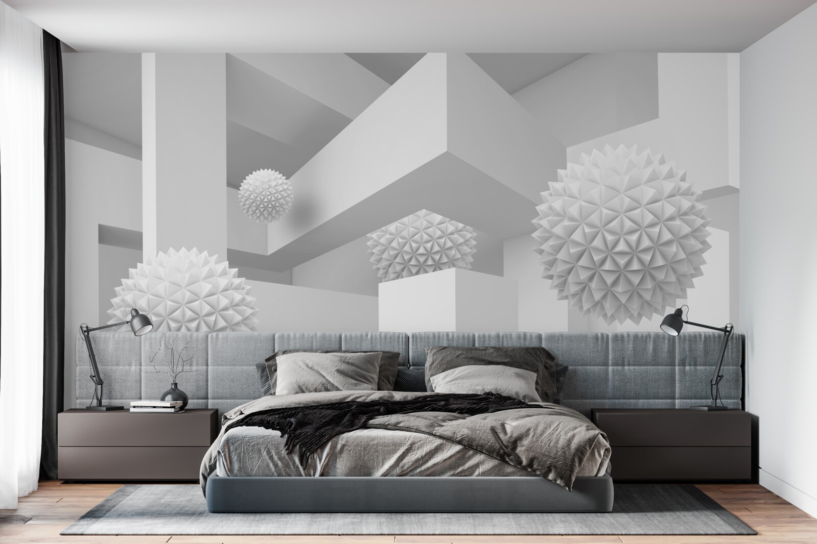Fototapeten Scharfe Kugeln in abstrakter Geometrie fliegen