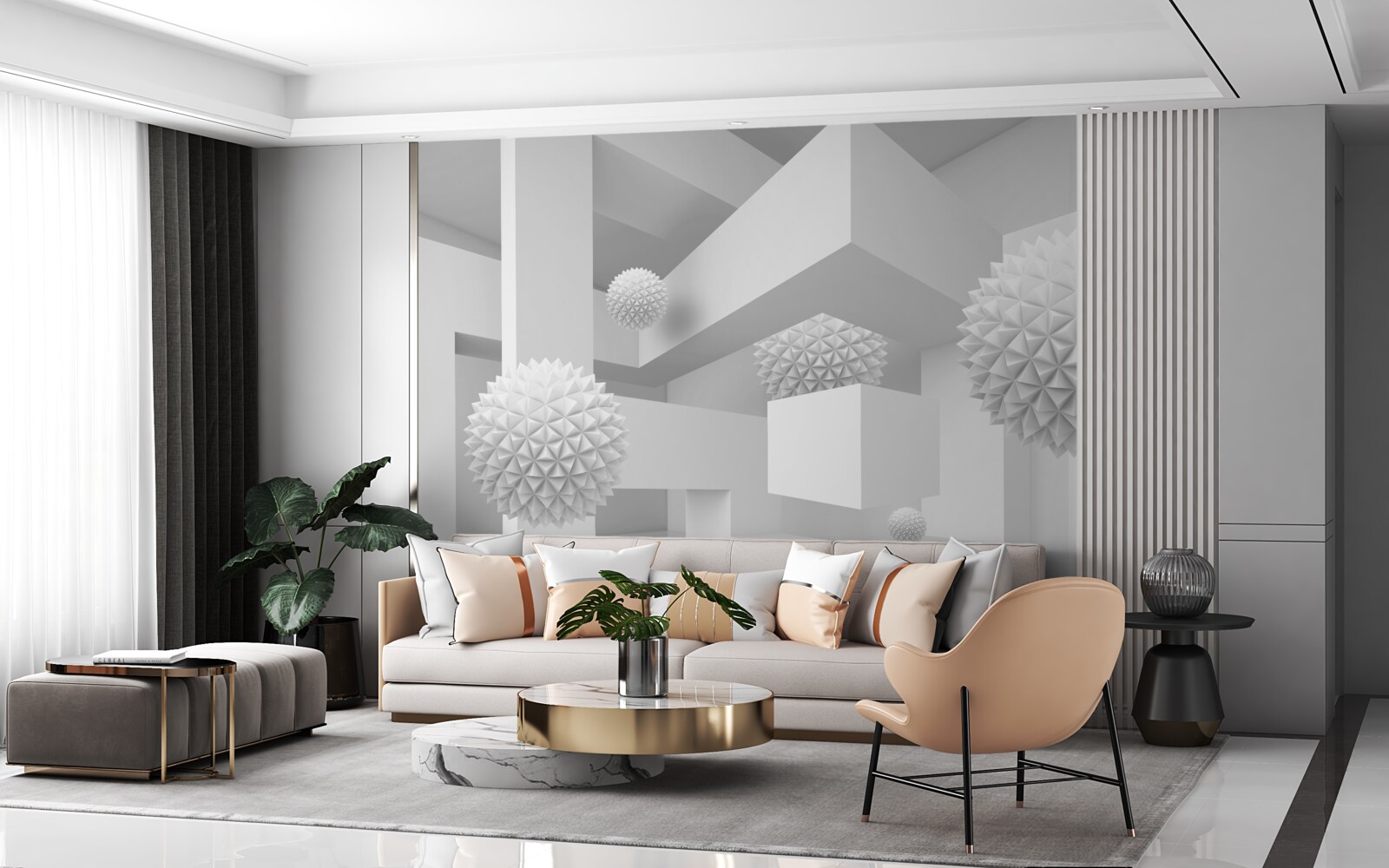 Fototapeten Scharfe Kugeln in abstrakter Geometrie fliegen