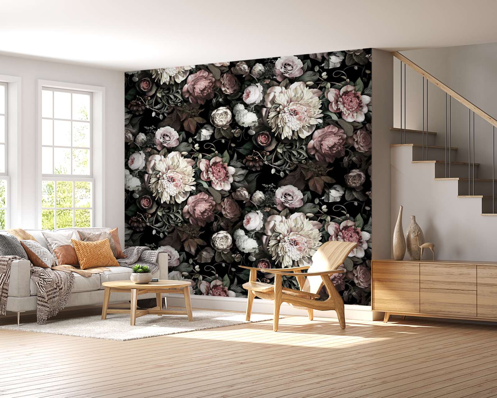 Fototapeten Ästhetische Kompositionen verschiedener Blumen in dunklen Schatten