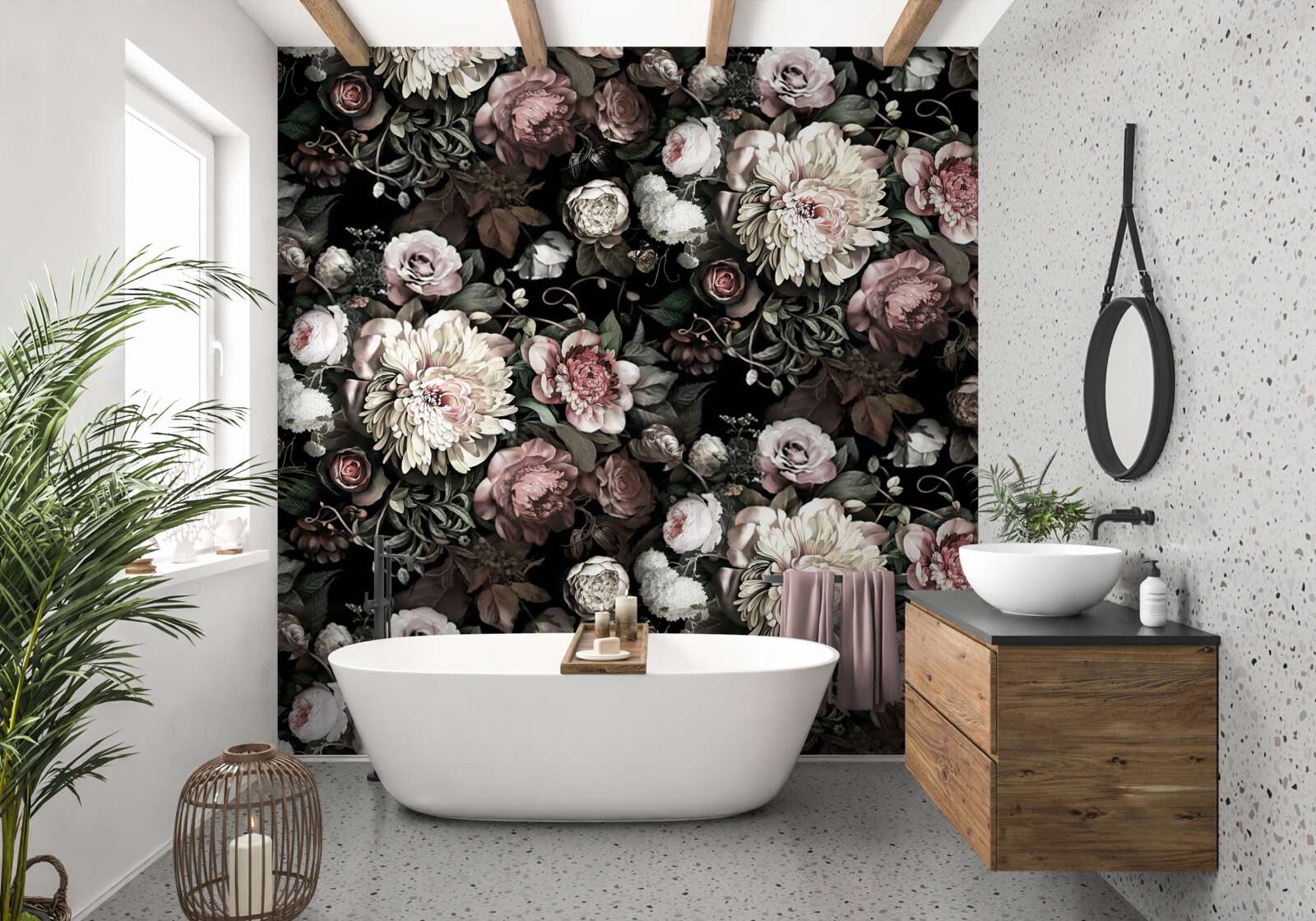 Fototapeten Ästhetische Kompositionen verschiedener Blumen in dunklen Schatten