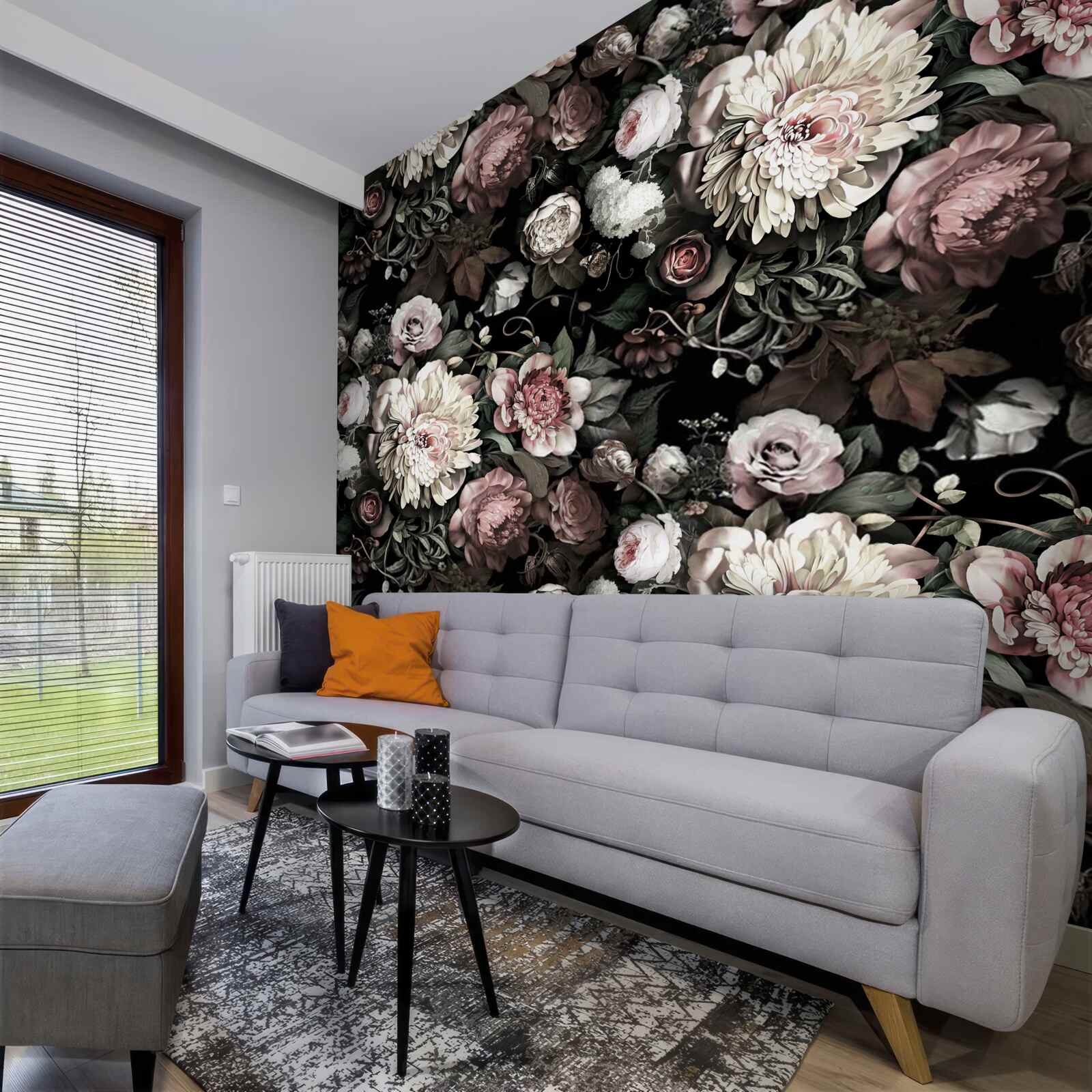 Fototapeten Ästhetische Kompositionen verschiedener Blumen in dunklen Schatten