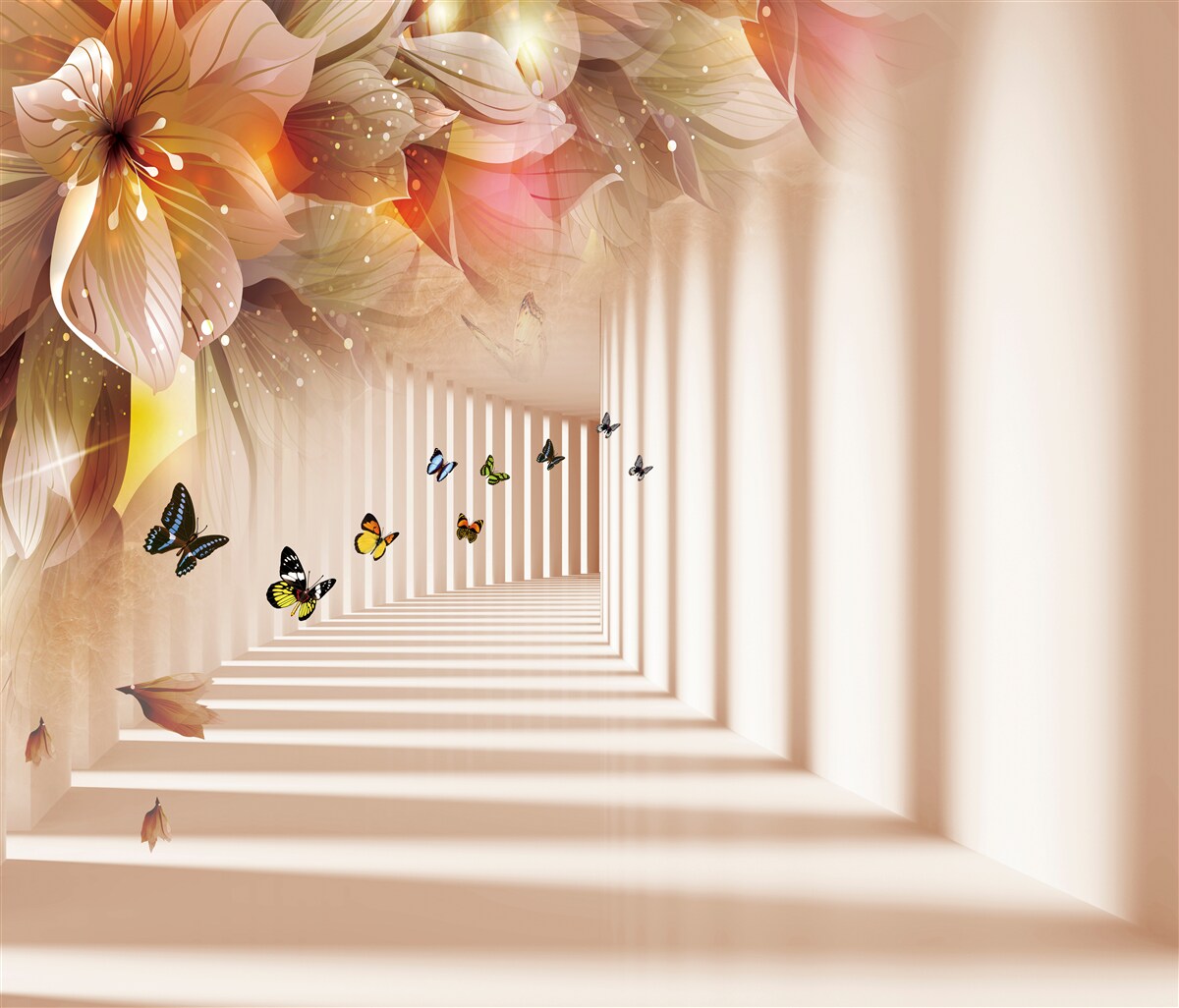 Fototapeten Schmetterlinge hinterlassen frische Blumen und gehen zum Tunnel