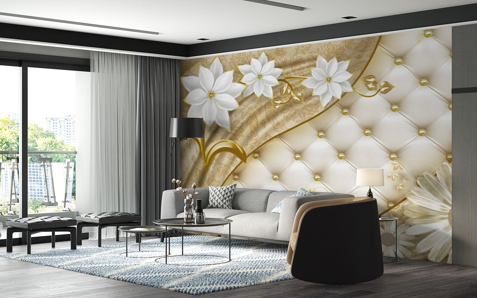 Fototapeten Stoff mit Perlen, weißen Blumen und goldenen Akzenten dekoriert