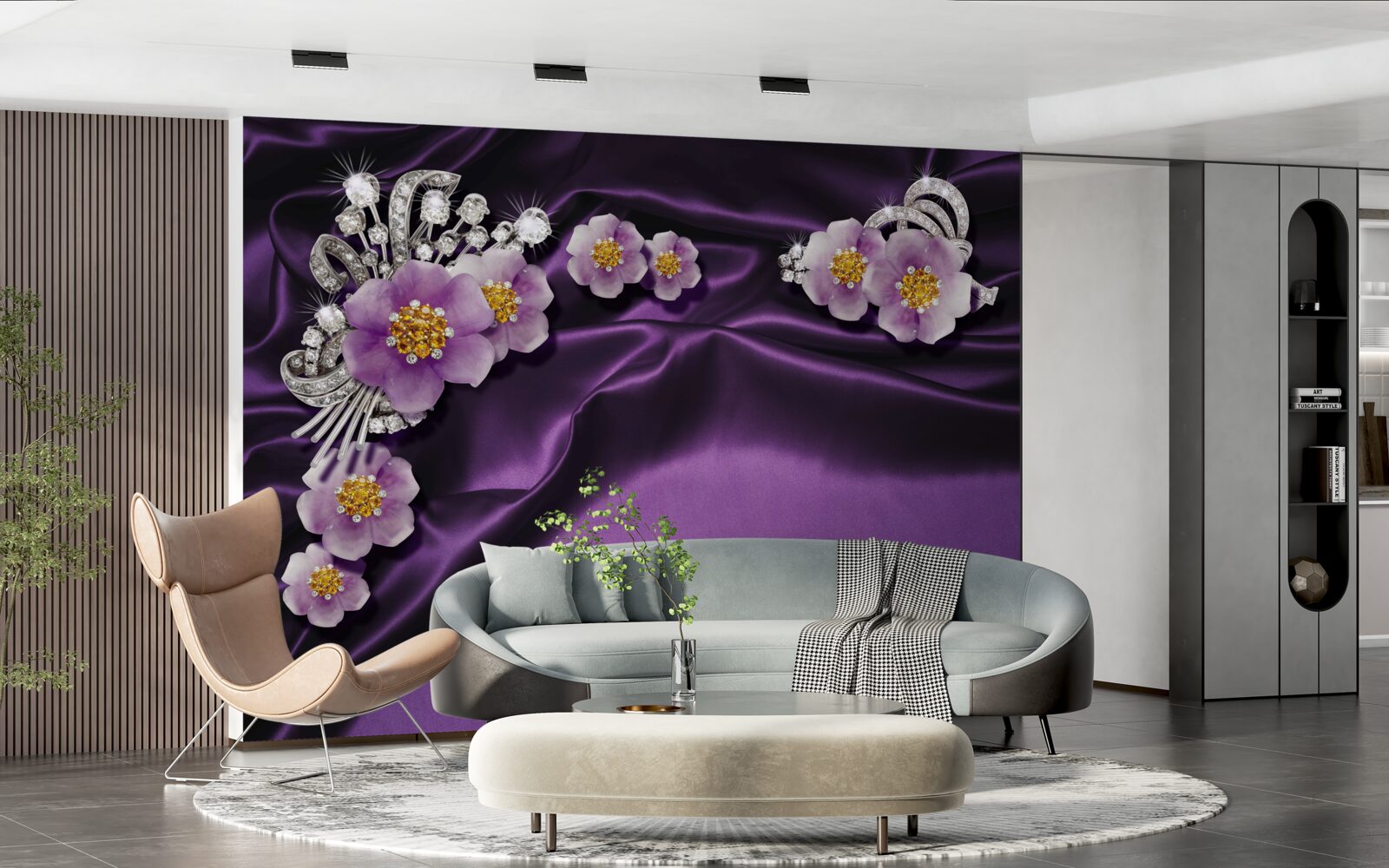Fototapeten Lila Blumen auf dunkler Seide mit silbernen Akzenten
