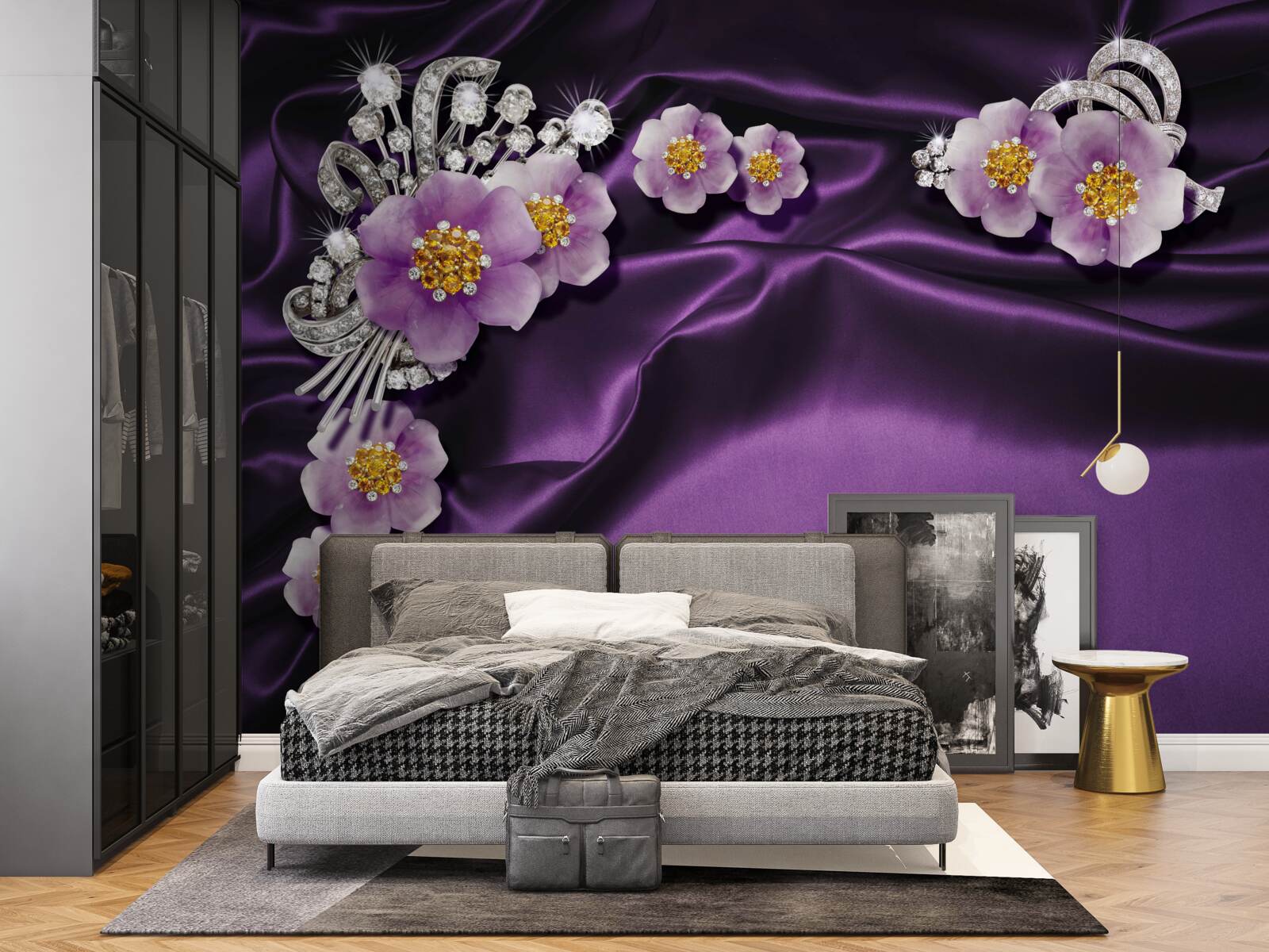 Fototapeten Lila Blumen auf dunkler Seide mit silbernen Akzenten