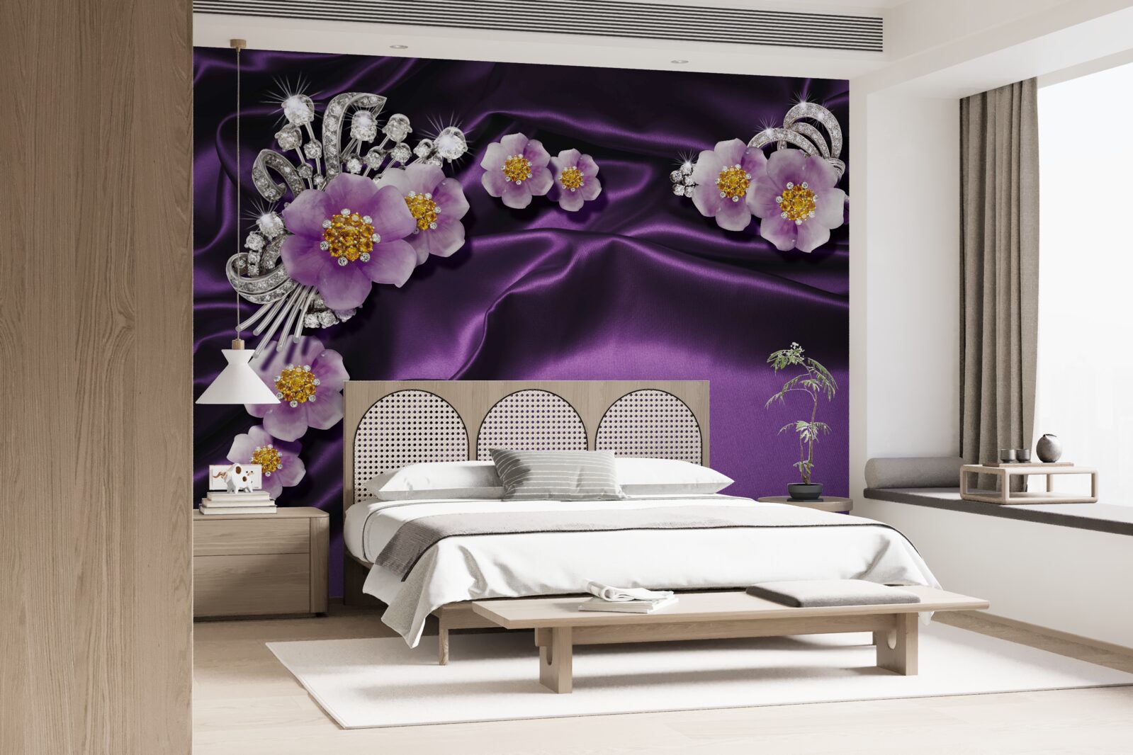 Fototapeten Lila Blumen auf dunkler Seide mit silbernen Akzenten