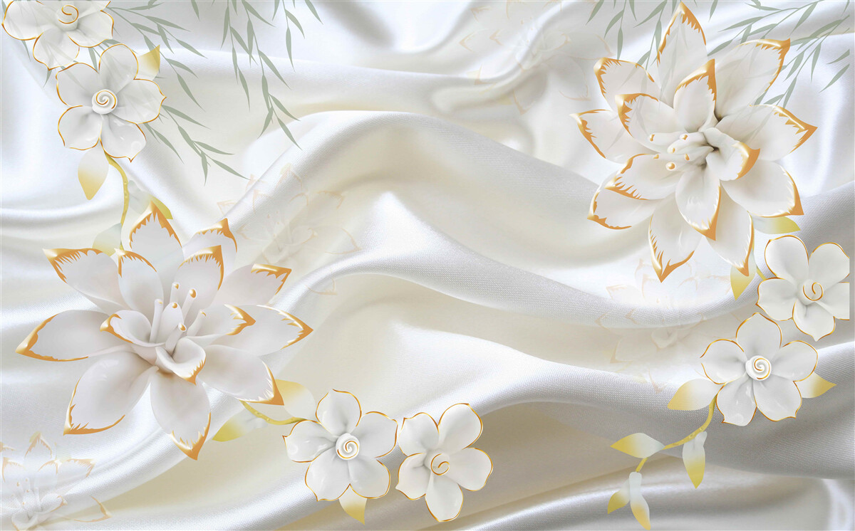 Fototapeten Goldene Designs und Blumen auf weißer Seide