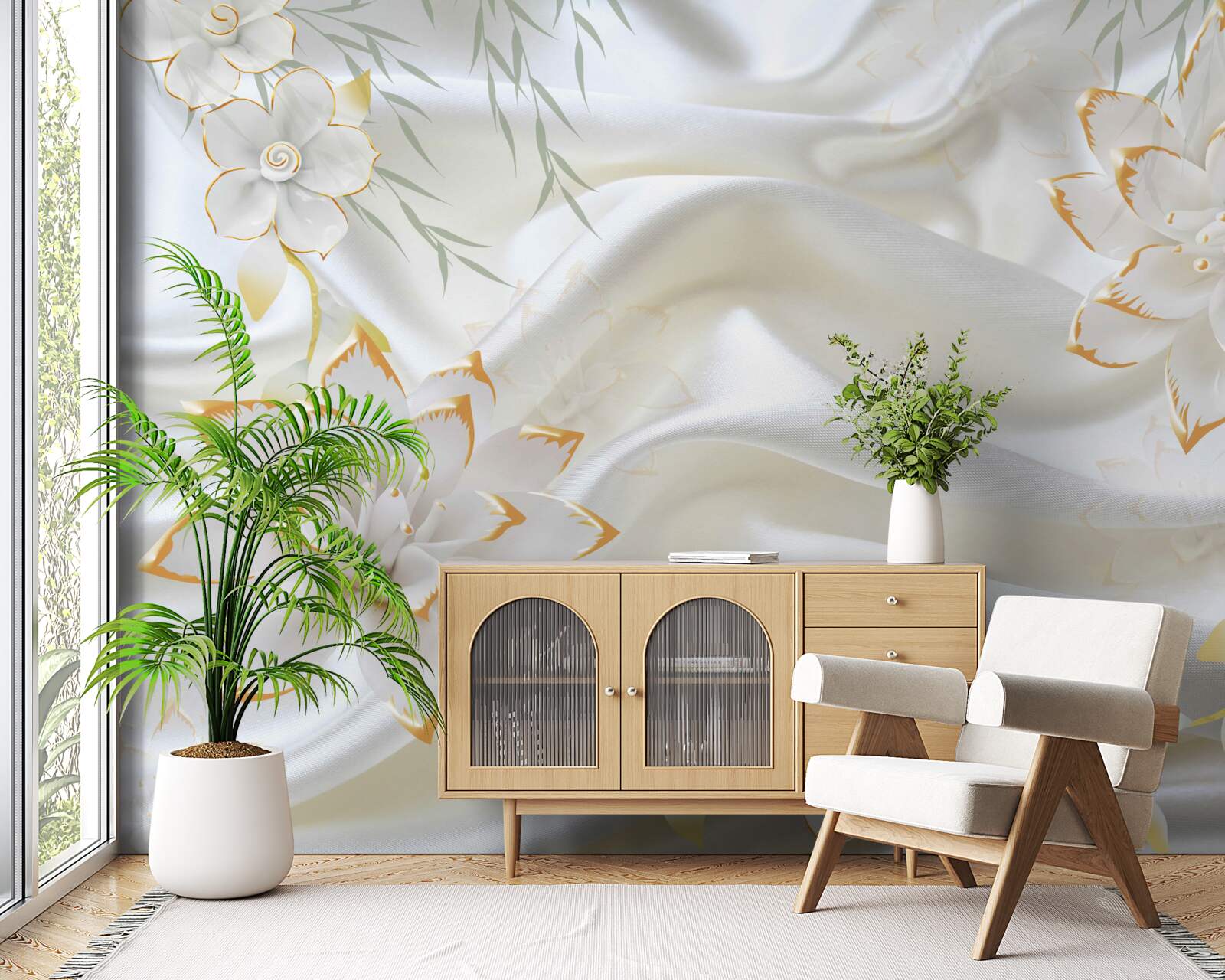 Fototapeten Goldene Designs und Blumen auf weißer Seide