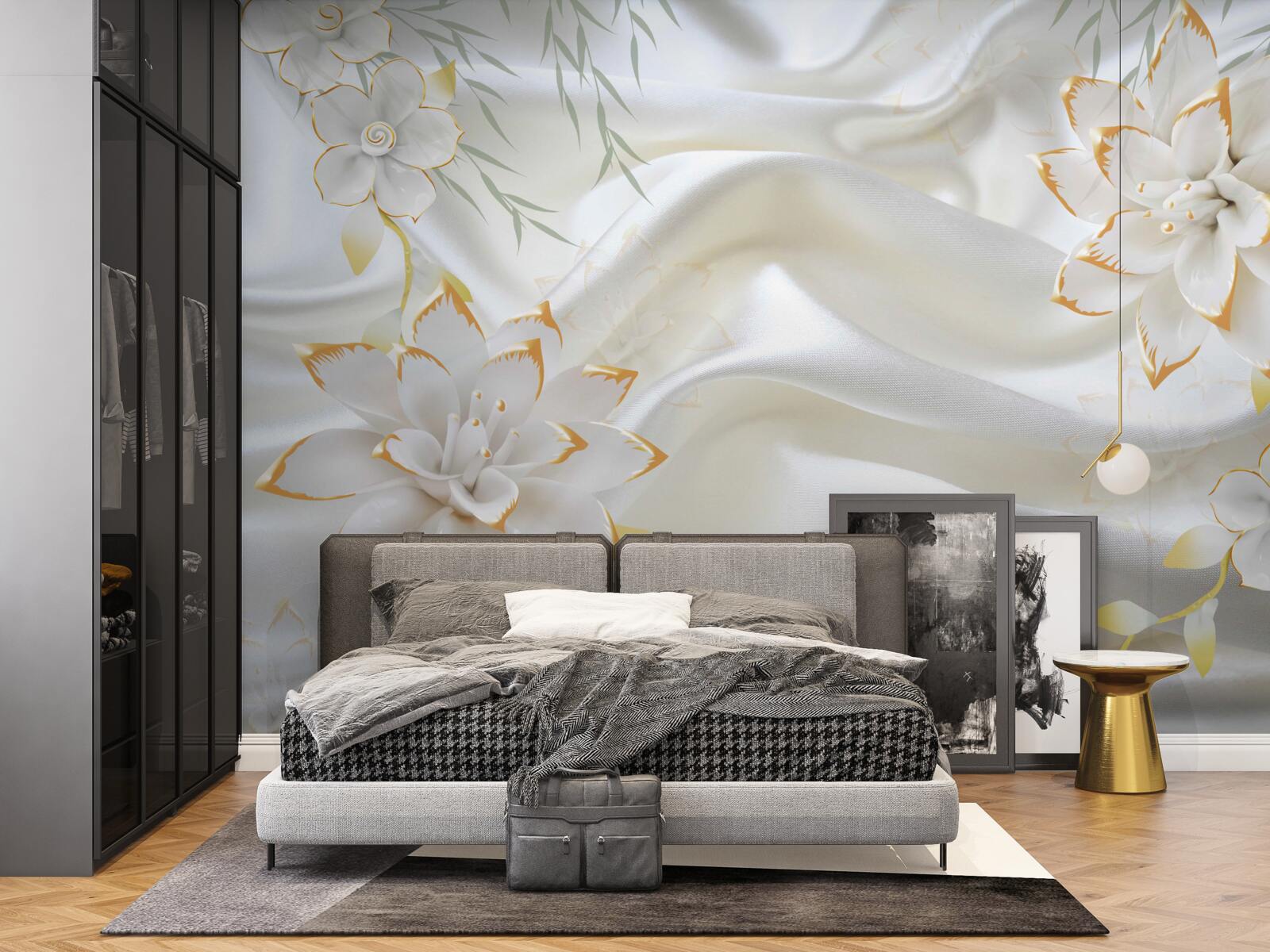 Fototapeten Goldene Designs und Blumen auf weißer Seide