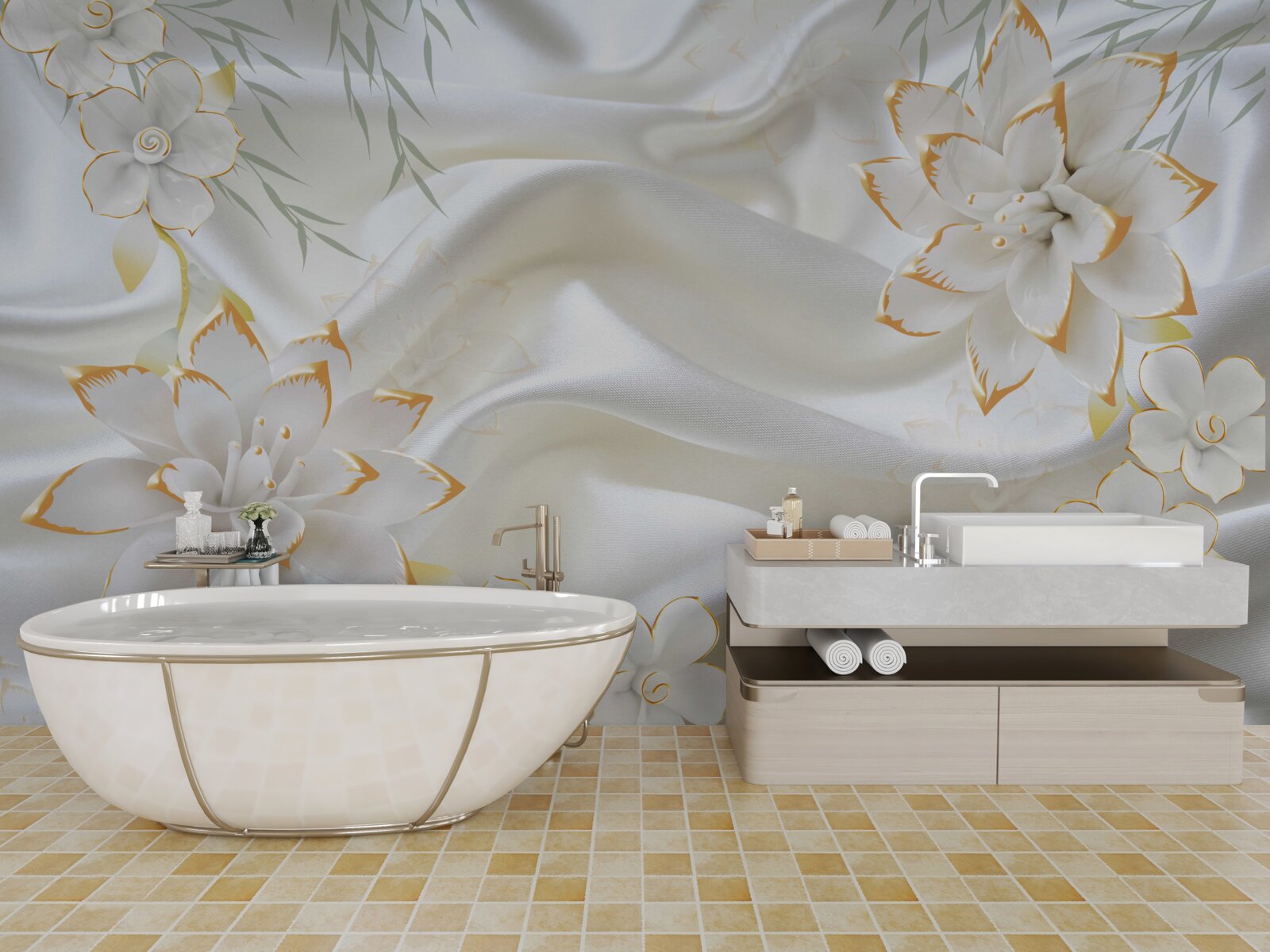 Fototapeten Goldene Designs und Blumen auf weißer Seide