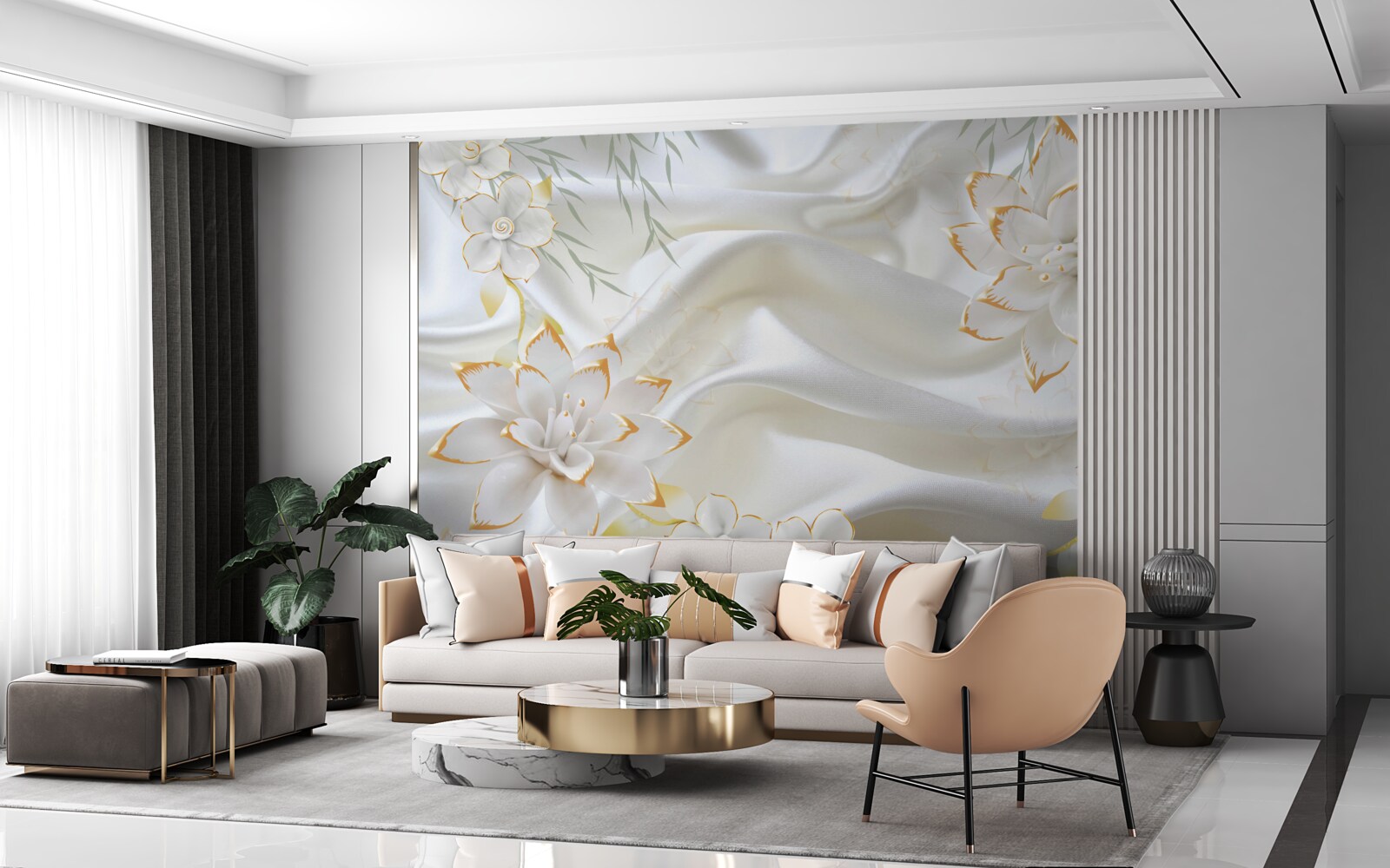 Fototapeten Goldene Designs und Blumen auf weißer Seide