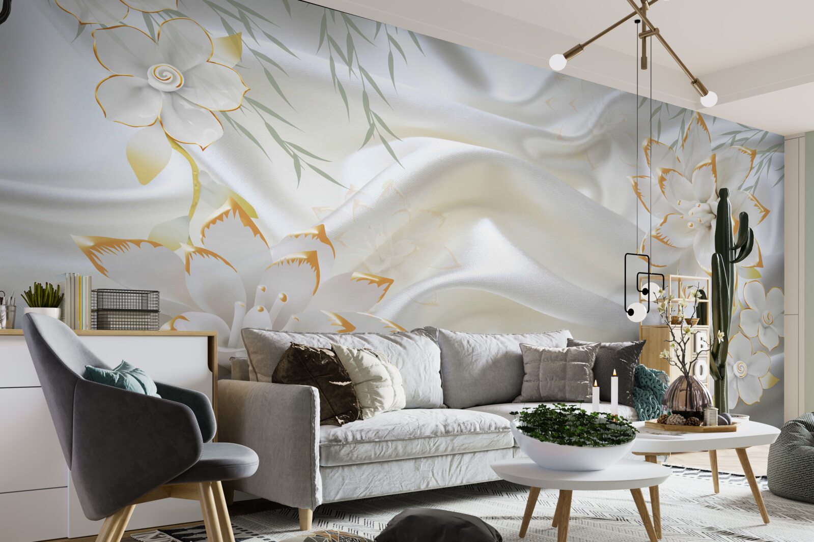 Fototapeten Goldene Designs und Blumen auf weißer Seide