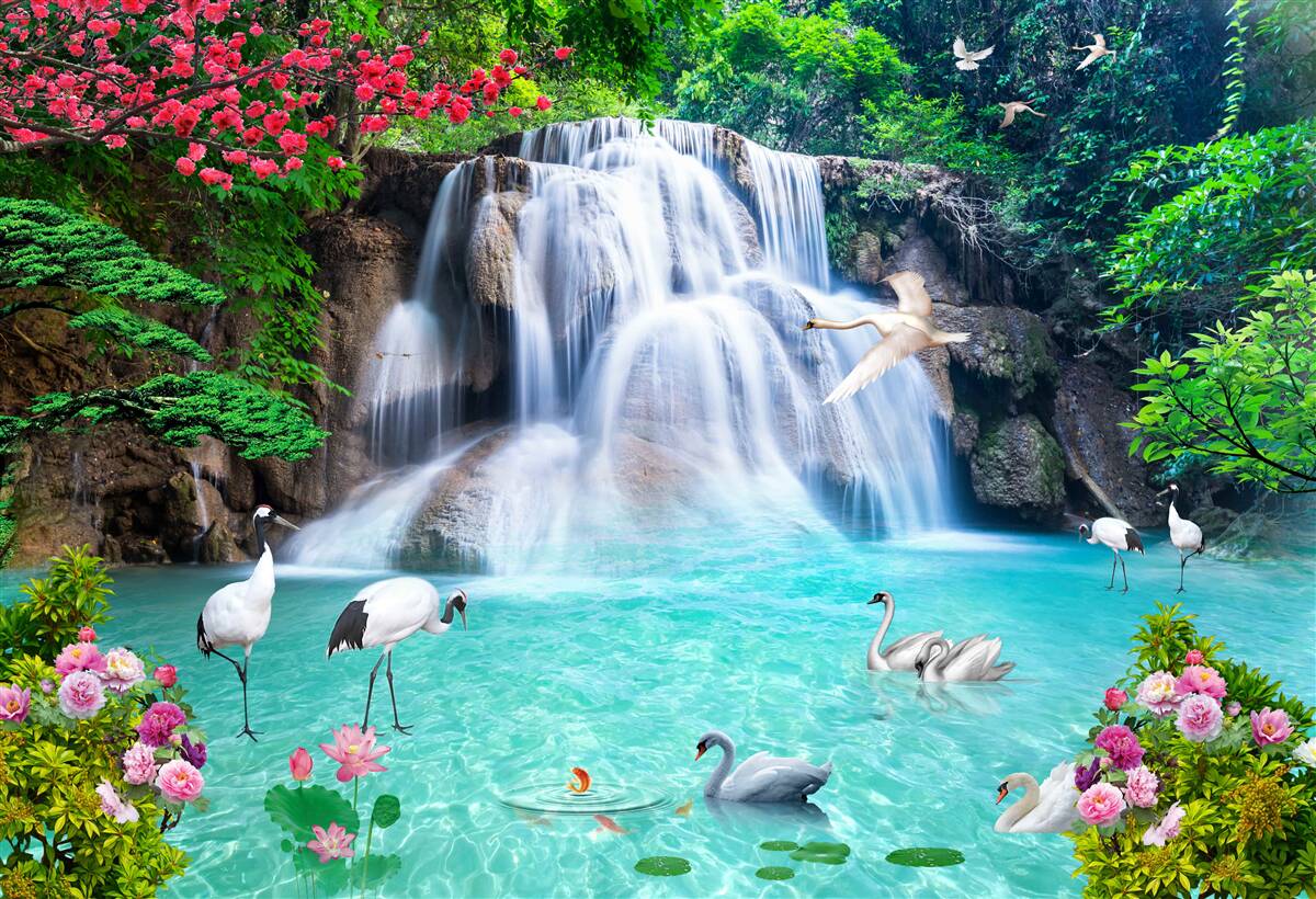 Fototapeten Ein lautstufener Wasserfall und Schwäne in blauem Wasser