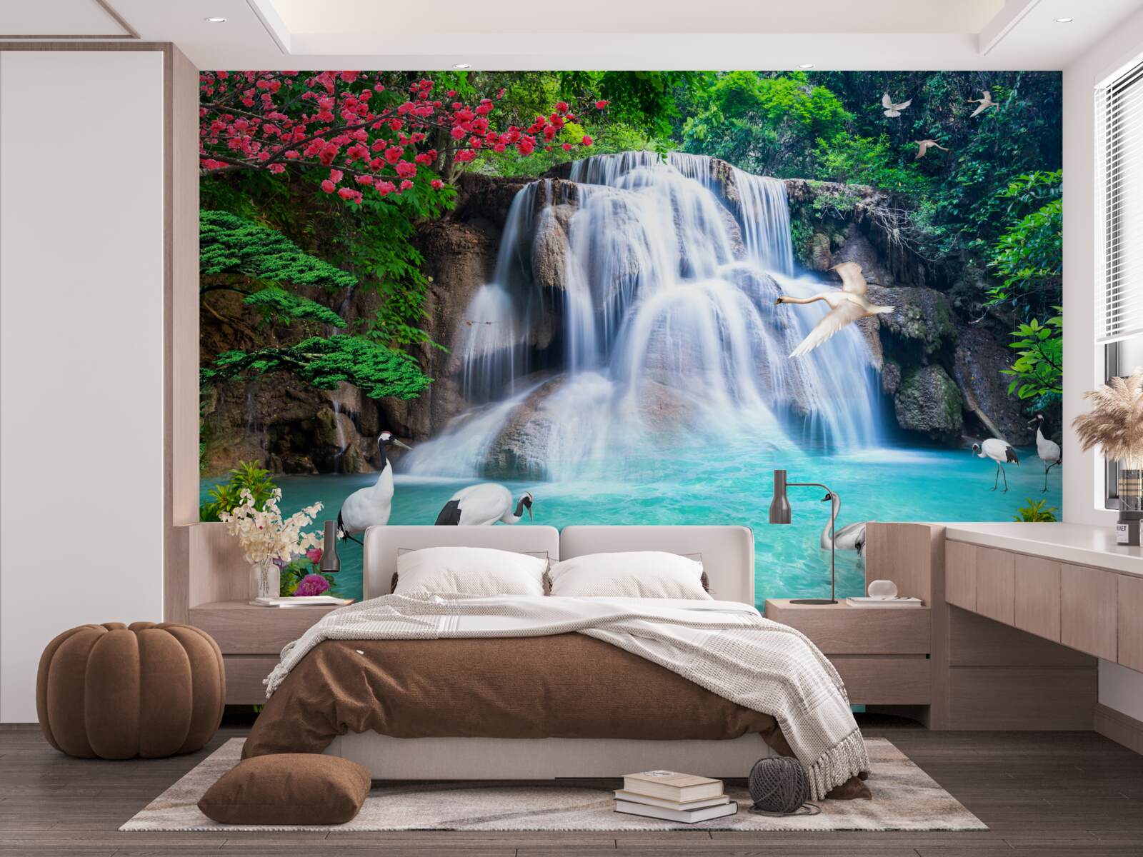 Fototapeten Ein lautstufener Wasserfall und Schwäne in blauem Wasser