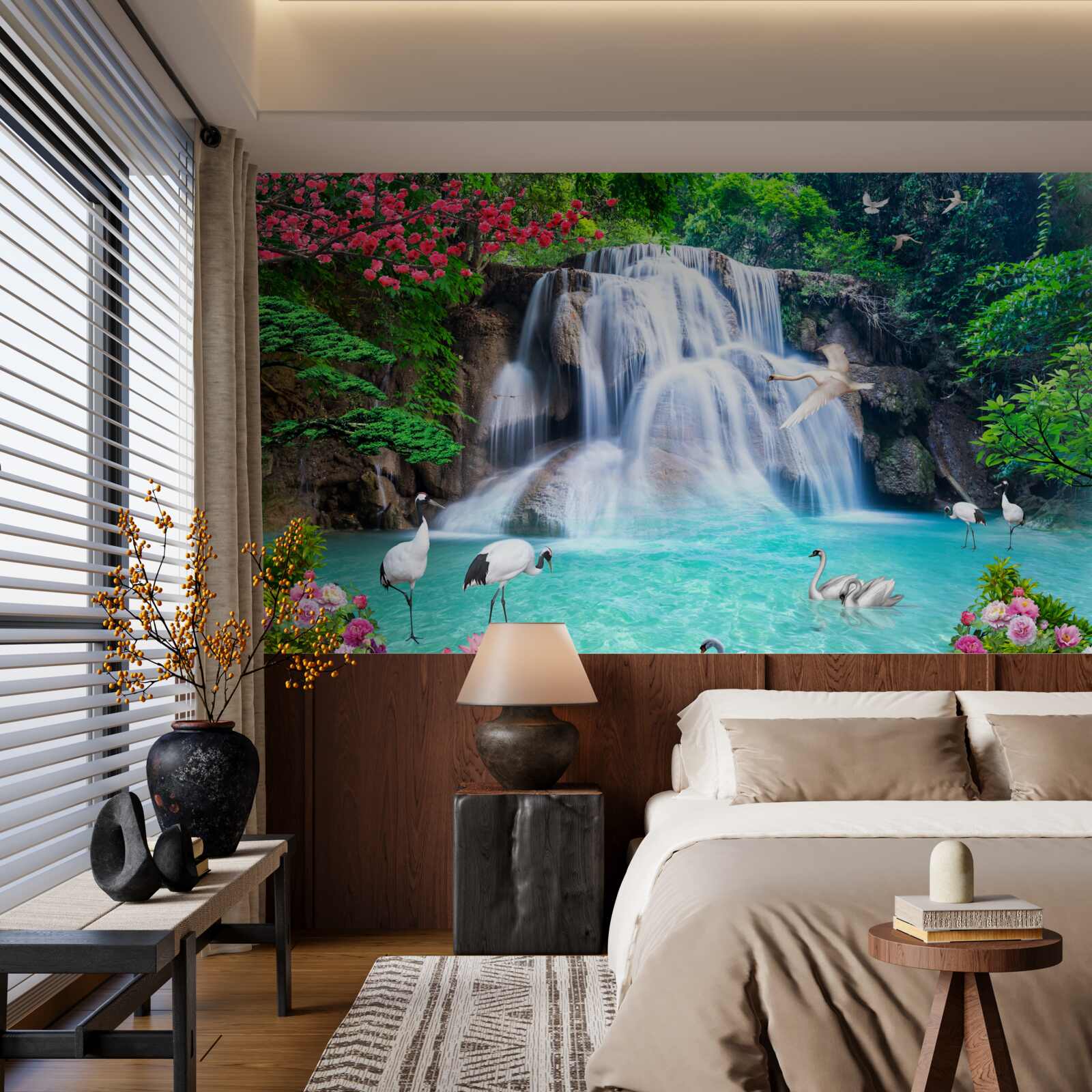 Fototapeten Ein lautstufener Wasserfall und Schwäne in blauem Wasser
