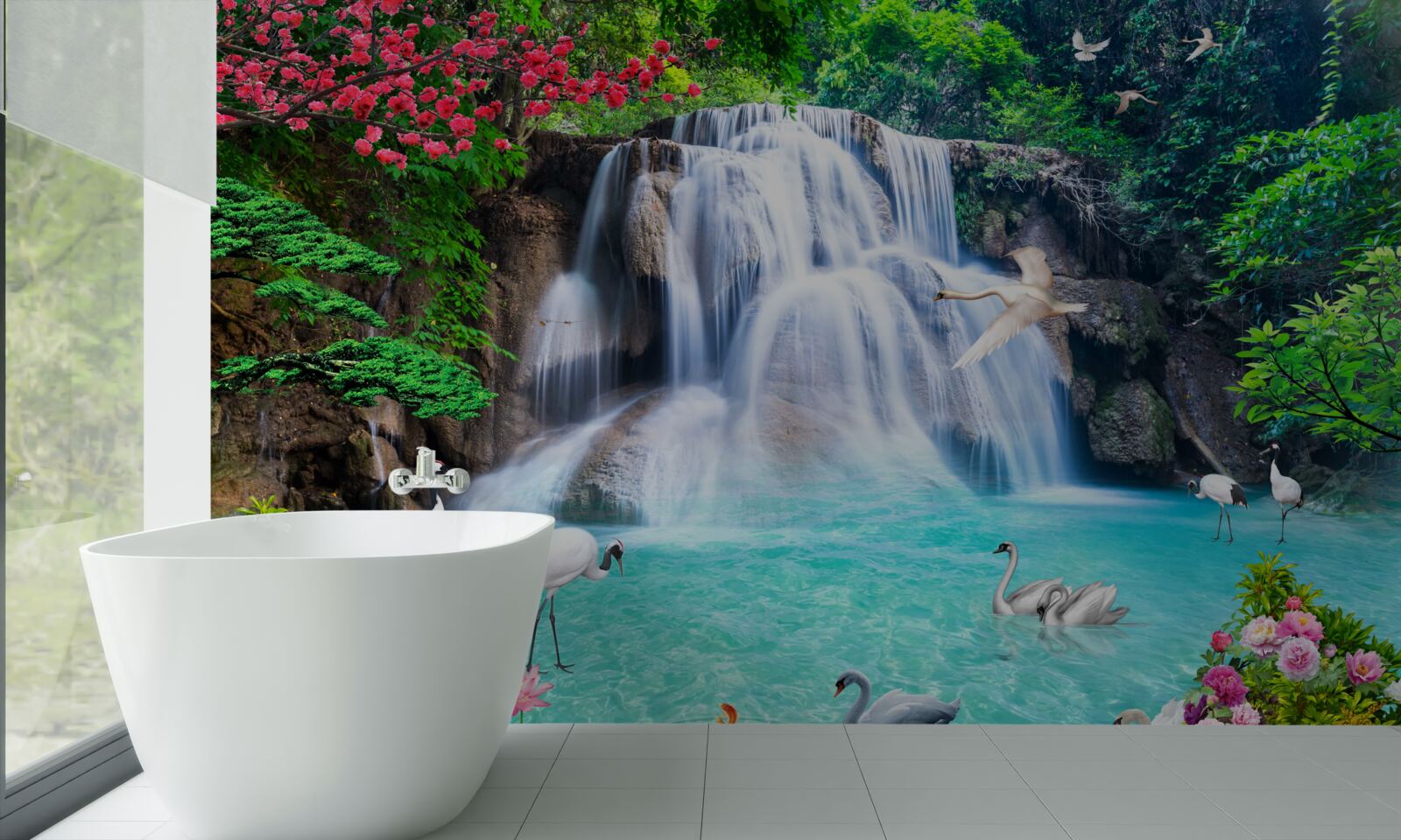 Fototapeten Ein lautstufener Wasserfall und Schwäne in blauem Wasser