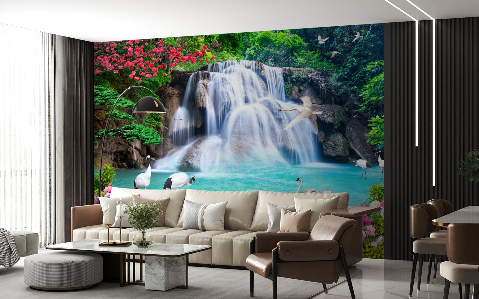 Fototapeten Ein lautstufener Wasserfall und Schwäne in blauem Wasser