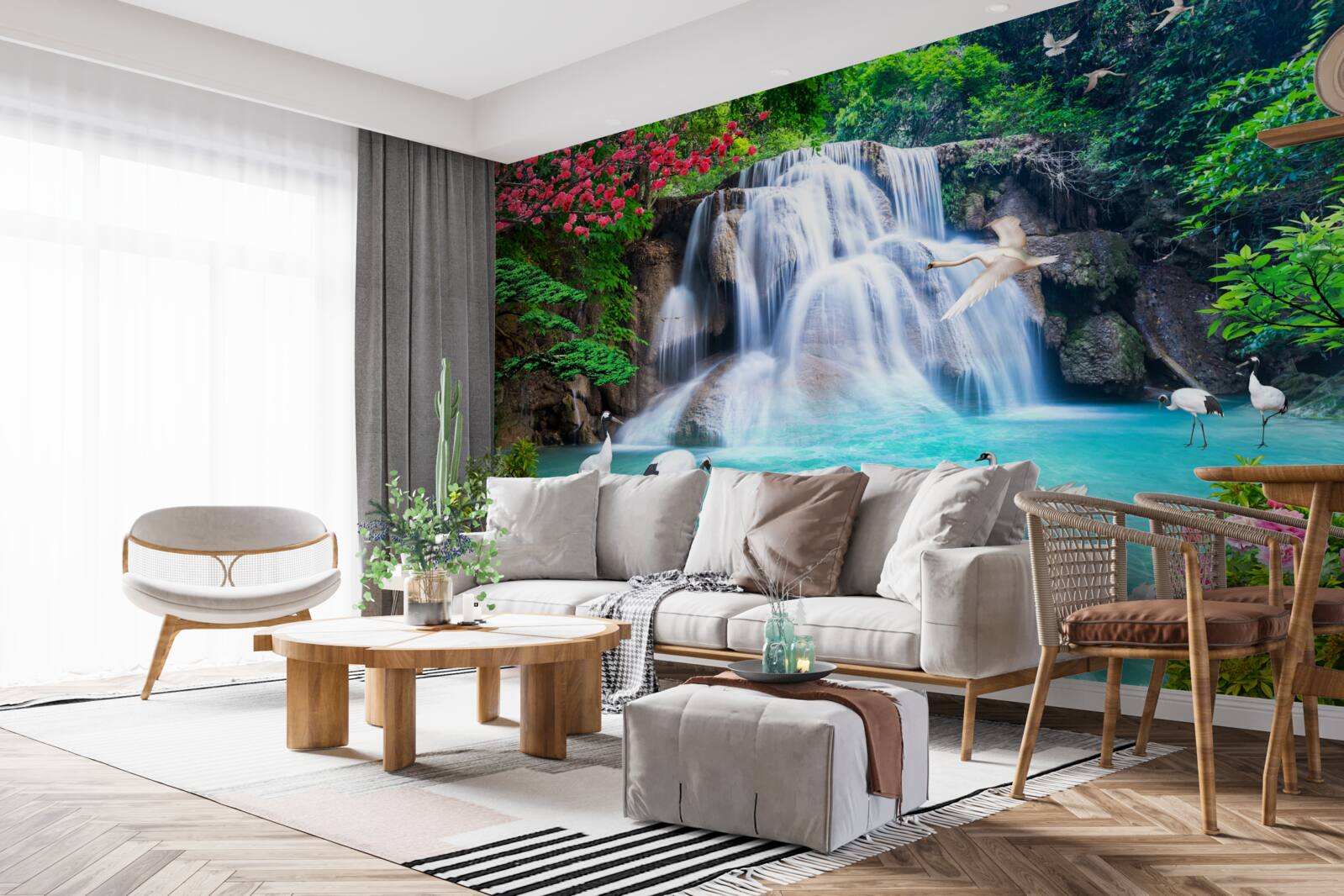 Fototapeten Ein lautstufener Wasserfall und Schwäne in blauem Wasser