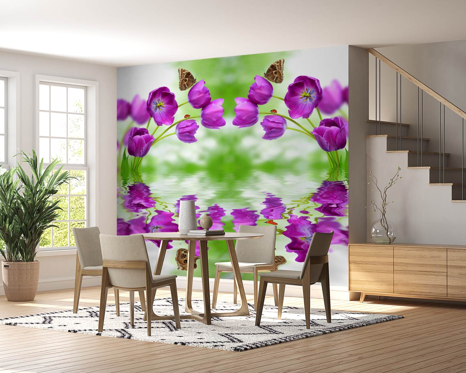 Fototapeten Die Blumen reflektieren die Schmetterlinge, die im Wasser auf ihnen ruhen