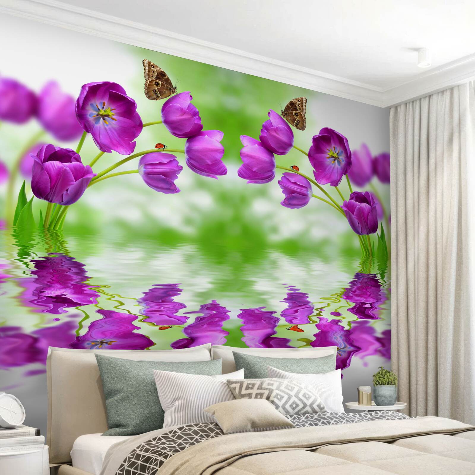 Fototapeten Die Blumen reflektieren die Schmetterlinge, die im Wasser auf ihnen ruhen