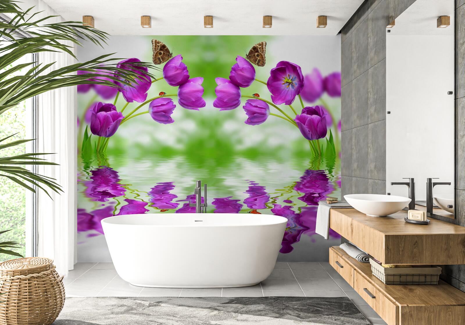 Fototapeten Die Blumen reflektieren die Schmetterlinge, die im Wasser auf ihnen ruhen