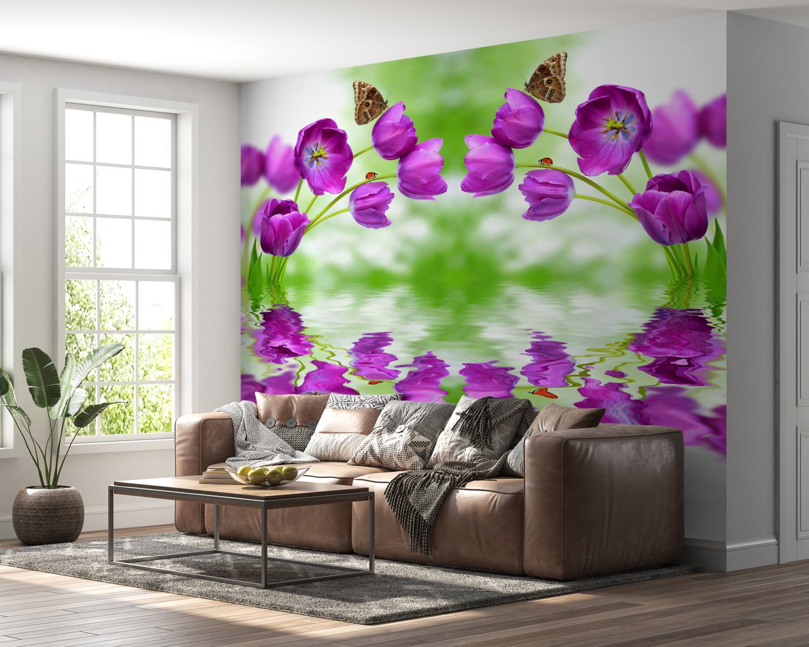 Fototapeten Die Blumen reflektieren die Schmetterlinge, die im Wasser auf ihnen ruhen