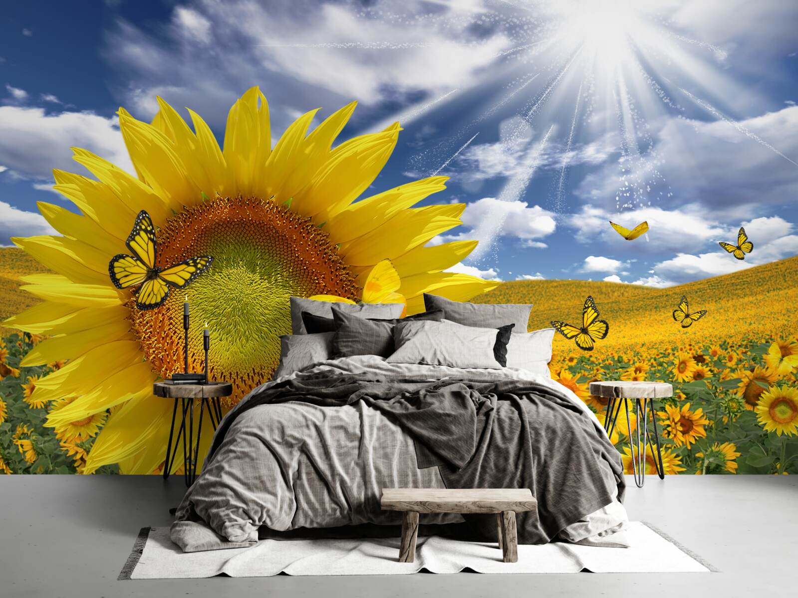 Fototapeten Goldene Schmetterlinge schweben am blauen Himmel über dem Sonnenblumenfeld