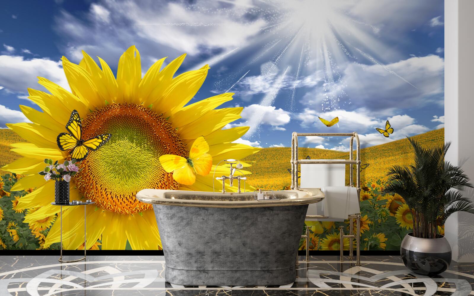 Fototapeten Goldene Schmetterlinge schweben am blauen Himmel über dem Sonnenblumenfeld