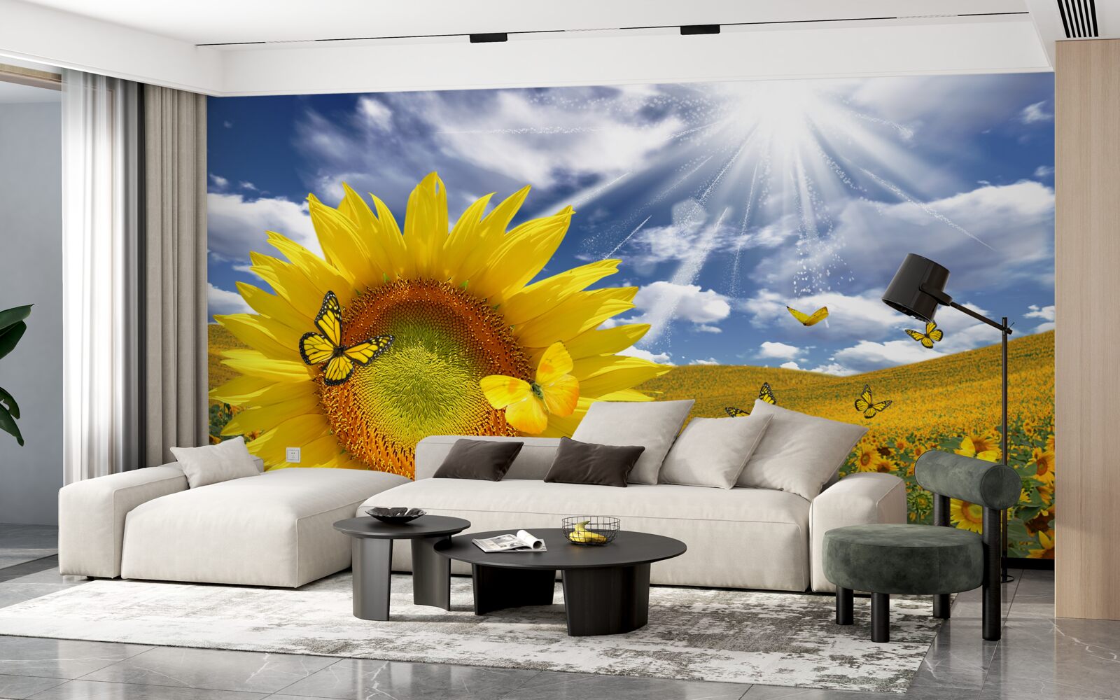 Fototapeten Goldene Schmetterlinge schweben am blauen Himmel über dem Sonnenblumenfeld