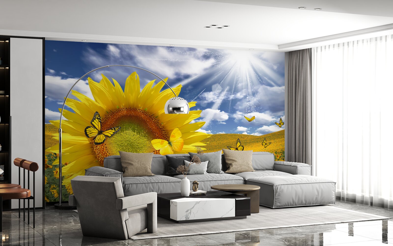 Fototapeten Goldene Schmetterlinge schweben am blauen Himmel über dem Sonnenblumenfeld
