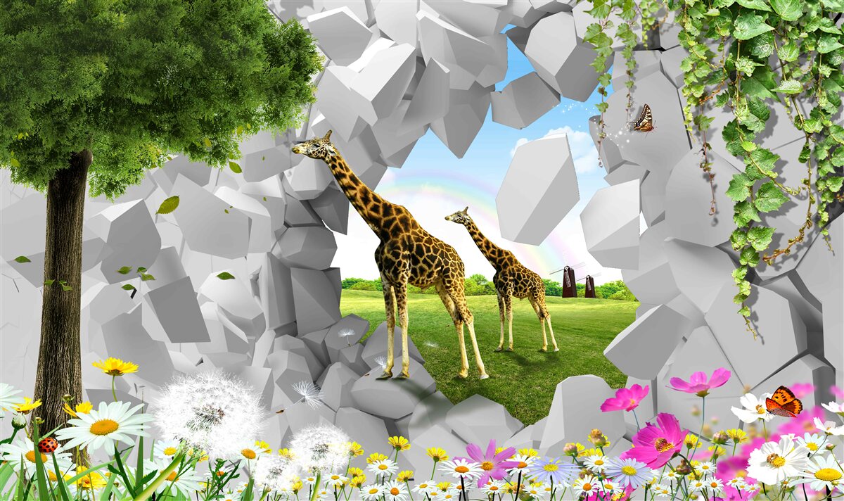 Fototapeten Giraffen bewegen sich durch die Barriere zum Baum