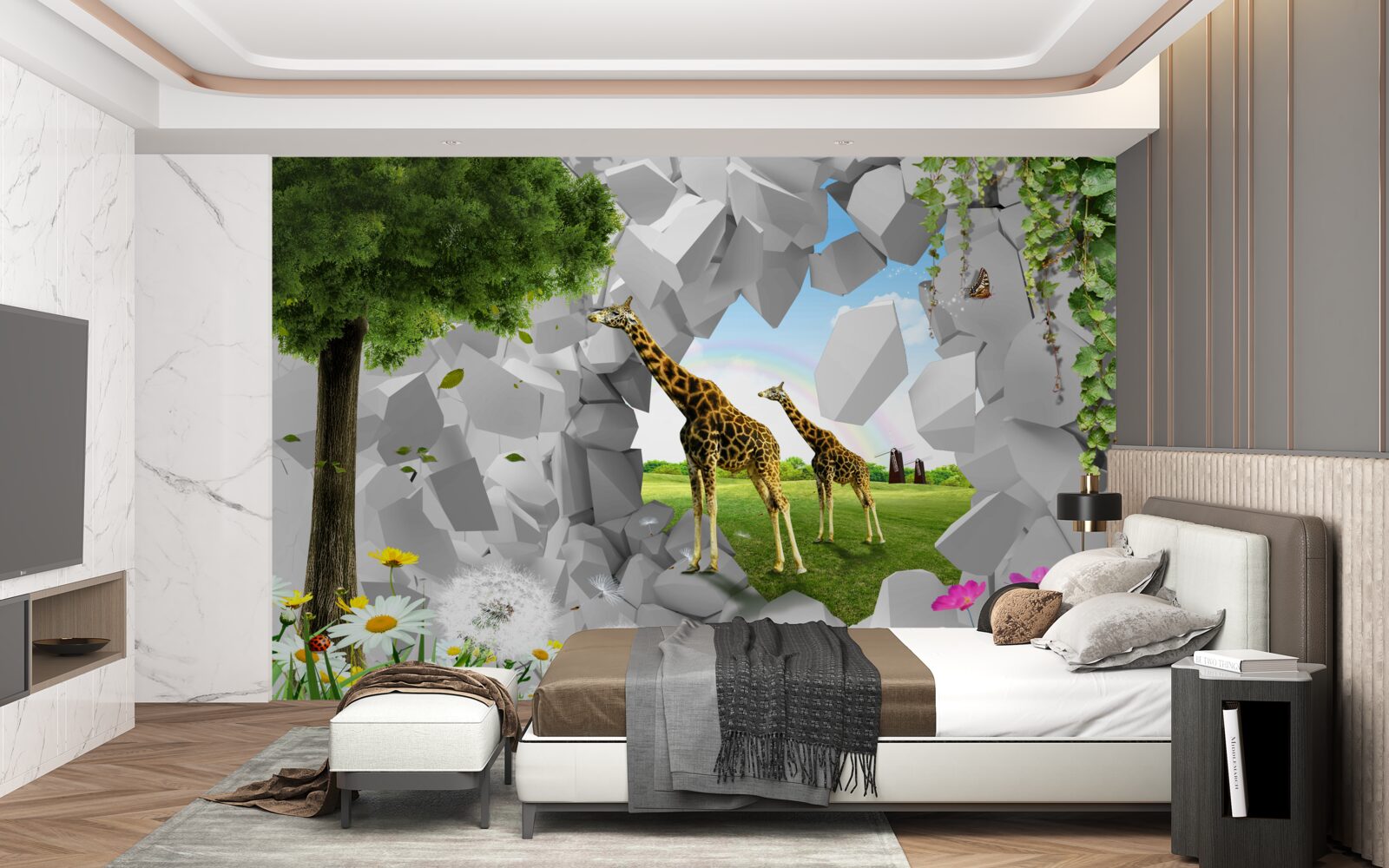 Fototapeten Giraffen bewegen sich durch die Barriere zum Baum
