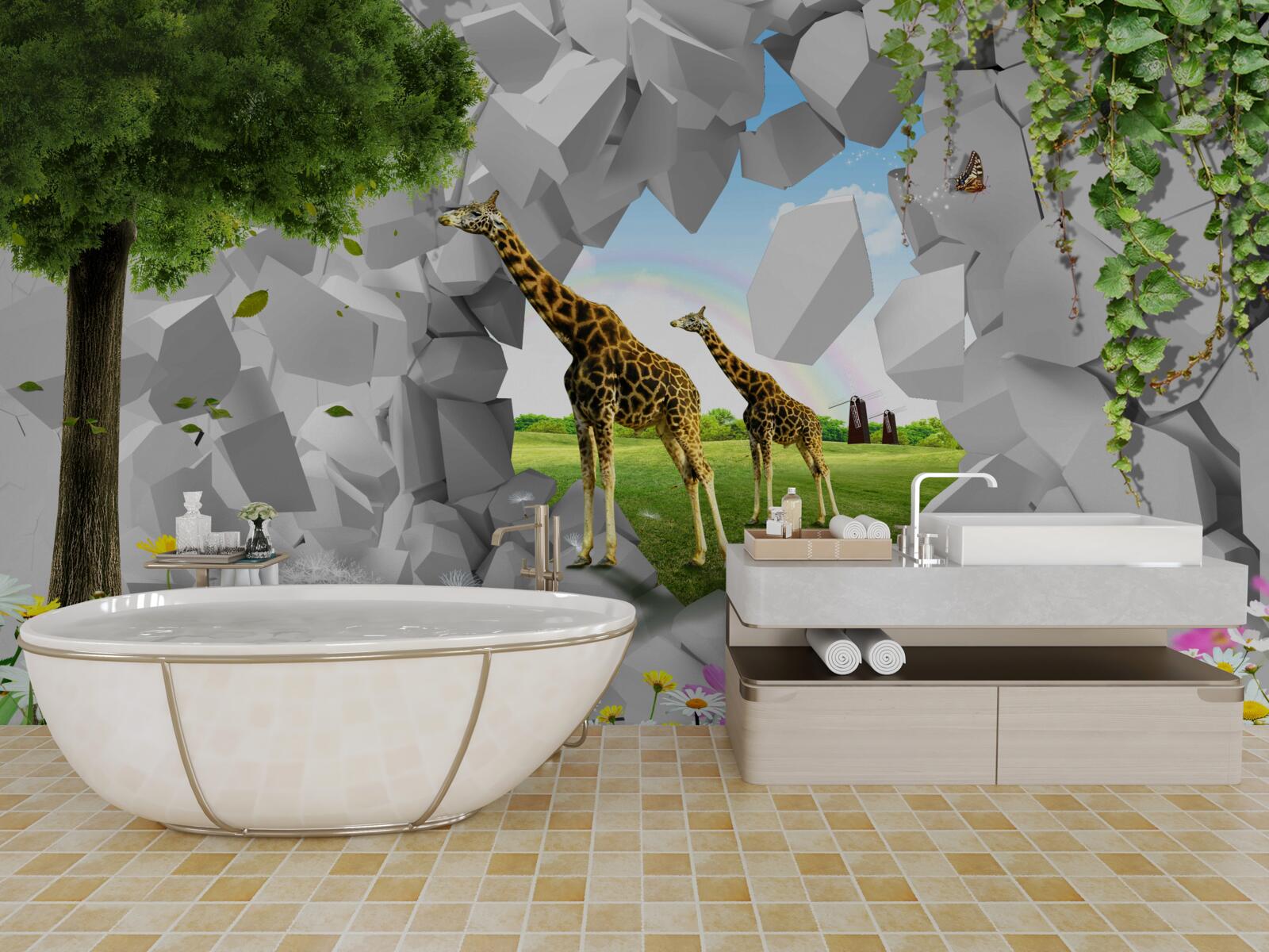 Fototapeten Giraffen bewegen sich durch die Barriere zum Baum