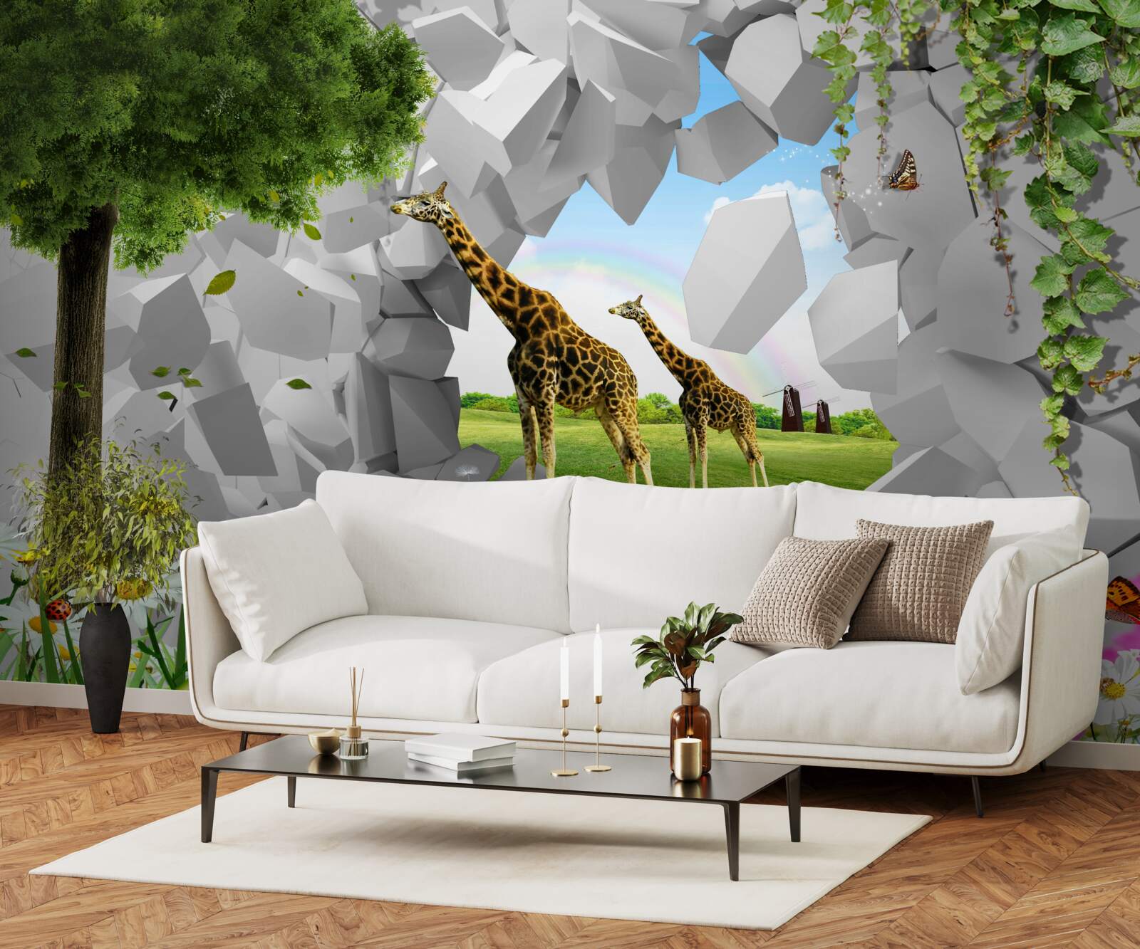 Fototapeten Giraffen bewegen sich durch die Barriere zum Baum