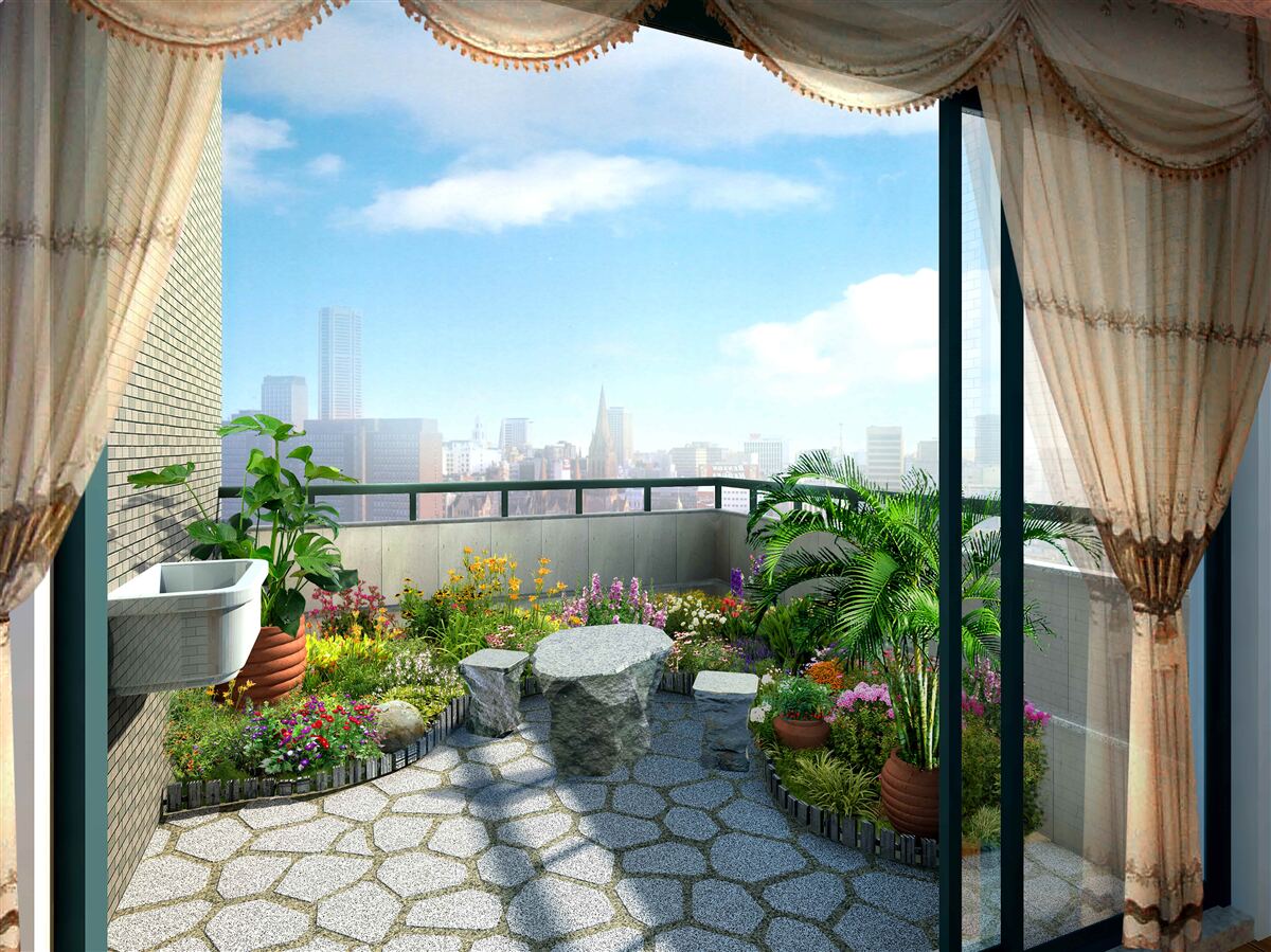 Fototapeten Loggia mit einer großartigen Aussicht auf die Sommerstadt