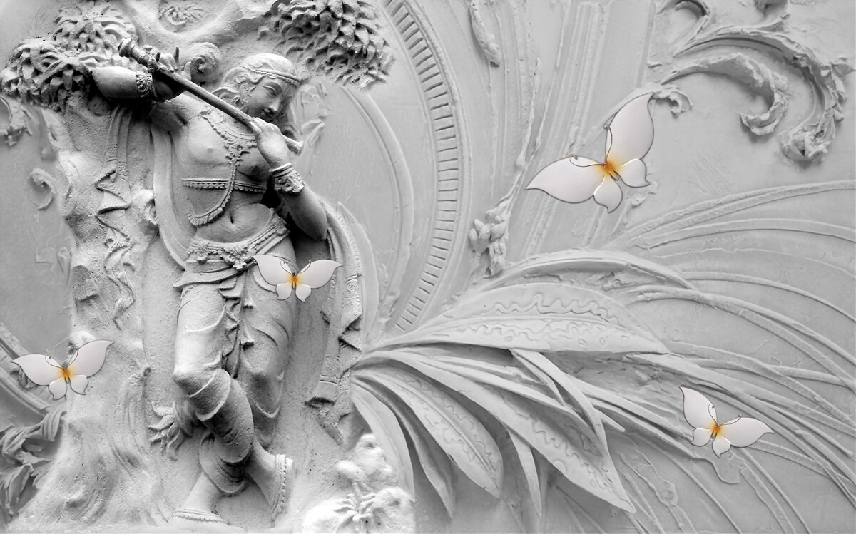 Fototapeten Ein Bas -Relief mit Blumen und weißen Schmetterlingen