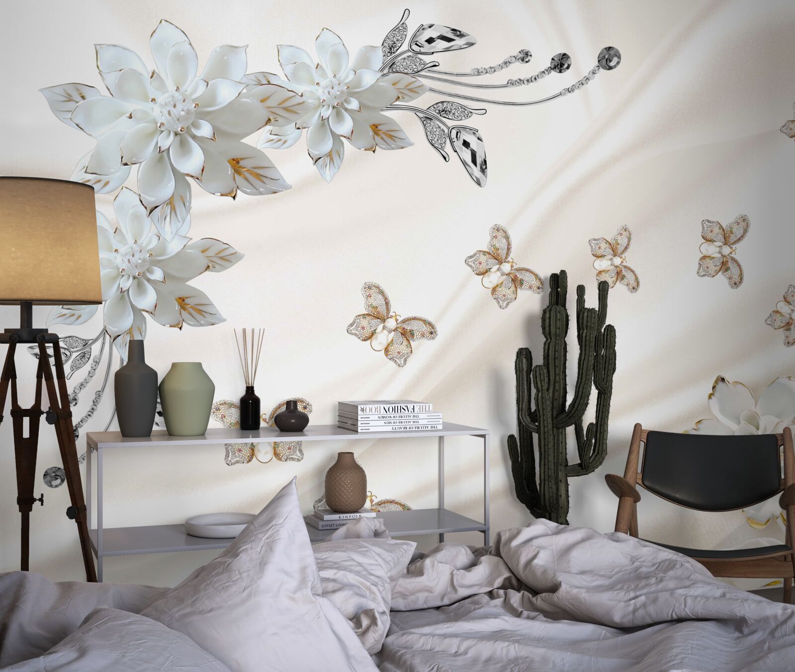 Fototapeten Seidenschmetterlinge flattern über Blumen