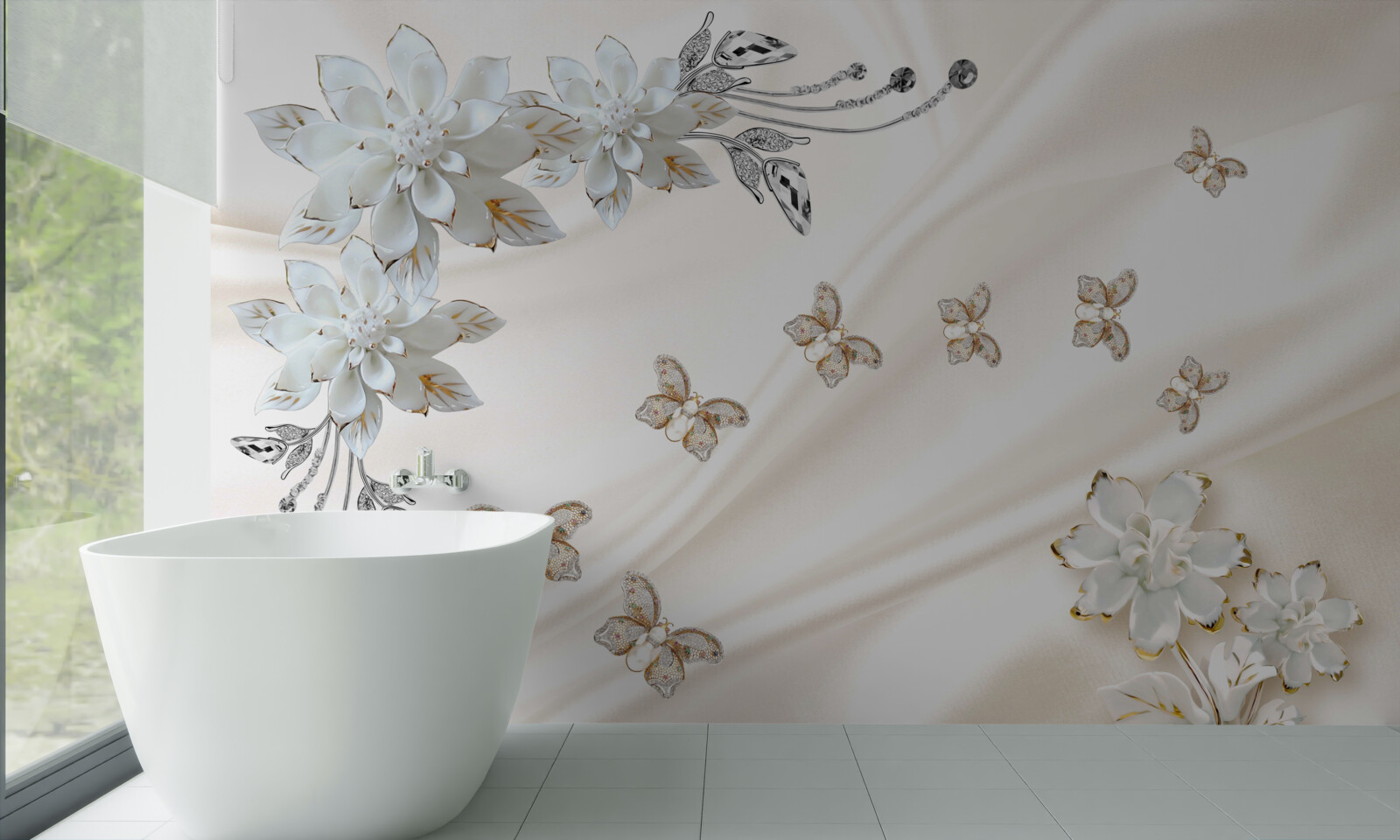 Fototapeten Seidenschmetterlinge flattern über Blumen