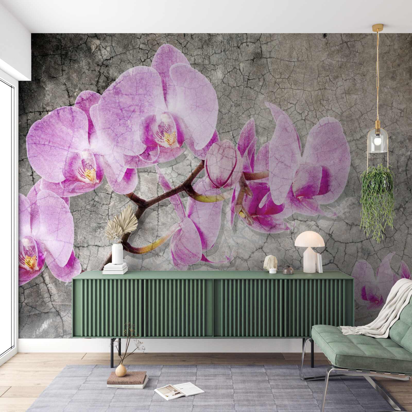 Fototapeten Zweige von Flila Orchidee auf grauem Hintergrund