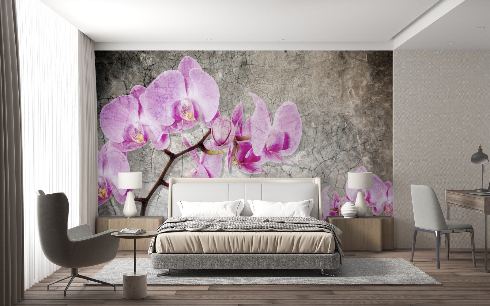 Fototapeten Zweige von Flila Orchidee auf grauem Hintergrund