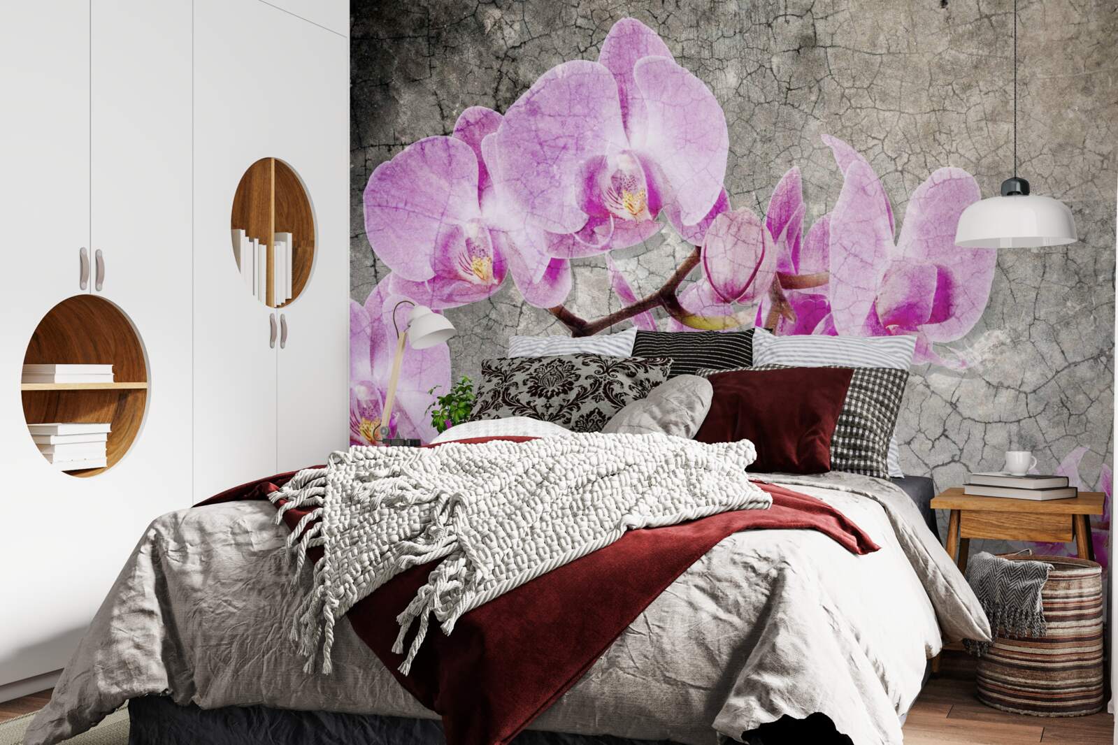 Fototapeten Zweige von Flila Orchidee auf grauem Hintergrund