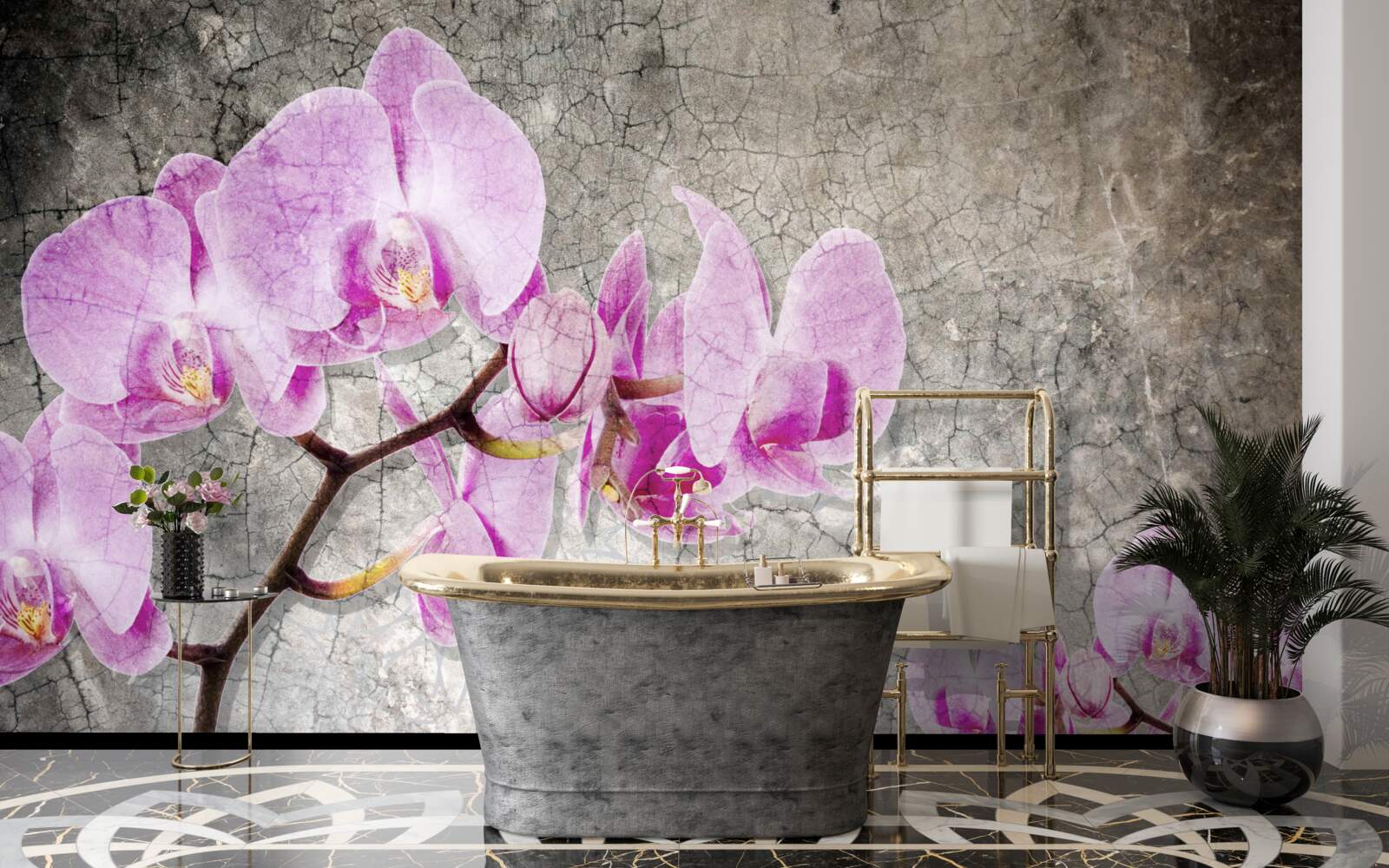 Fototapeten Zweige von Flila Orchidee auf grauem Hintergrund
