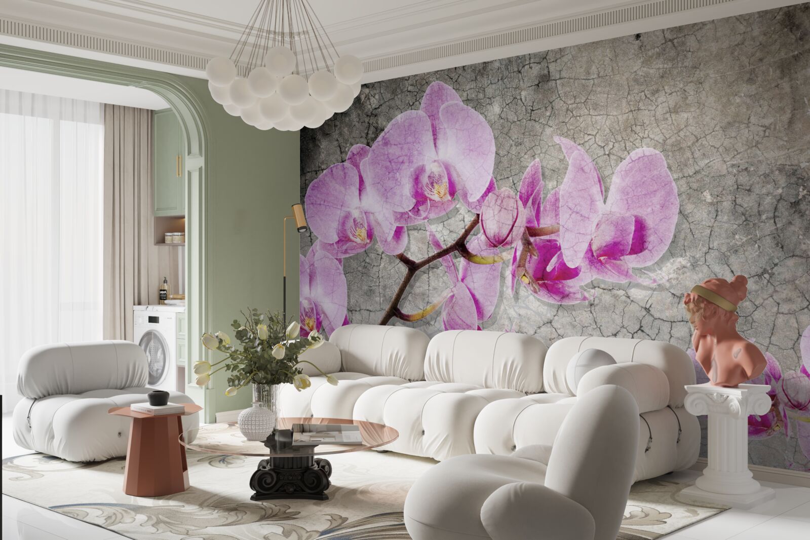 Fototapeten Zweige von Flila Orchidee auf grauem Hintergrund