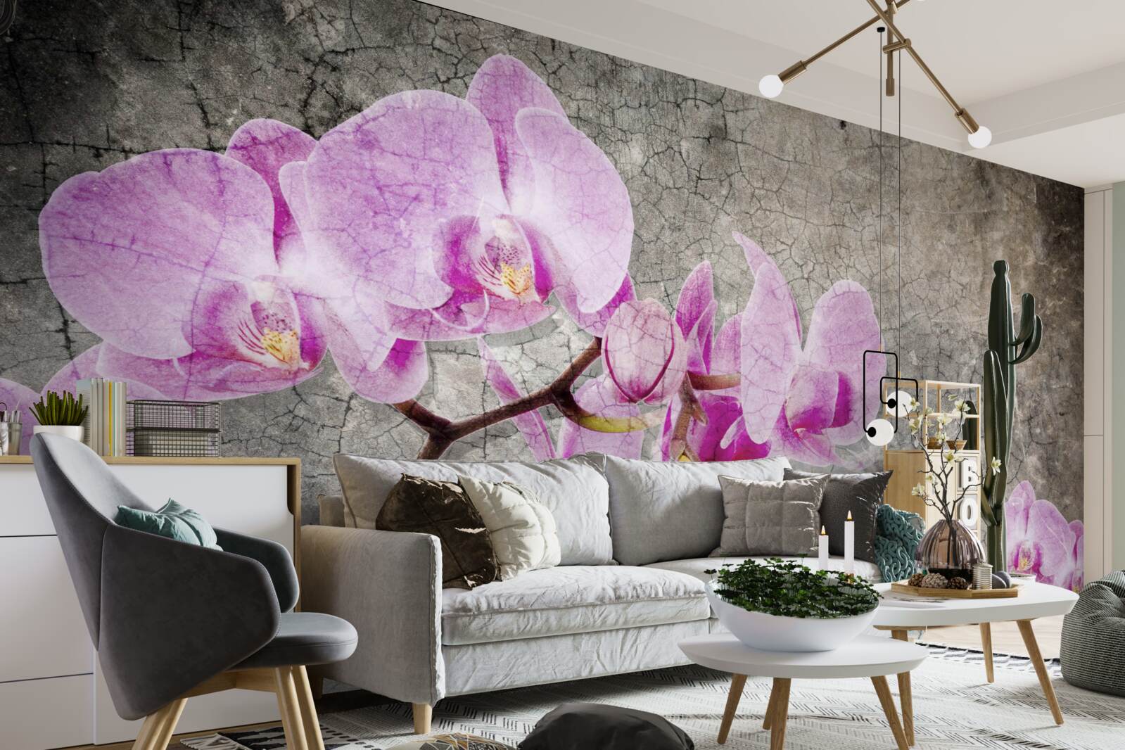 Fototapeten Zweige von Flila Orchidee auf grauem Hintergrund