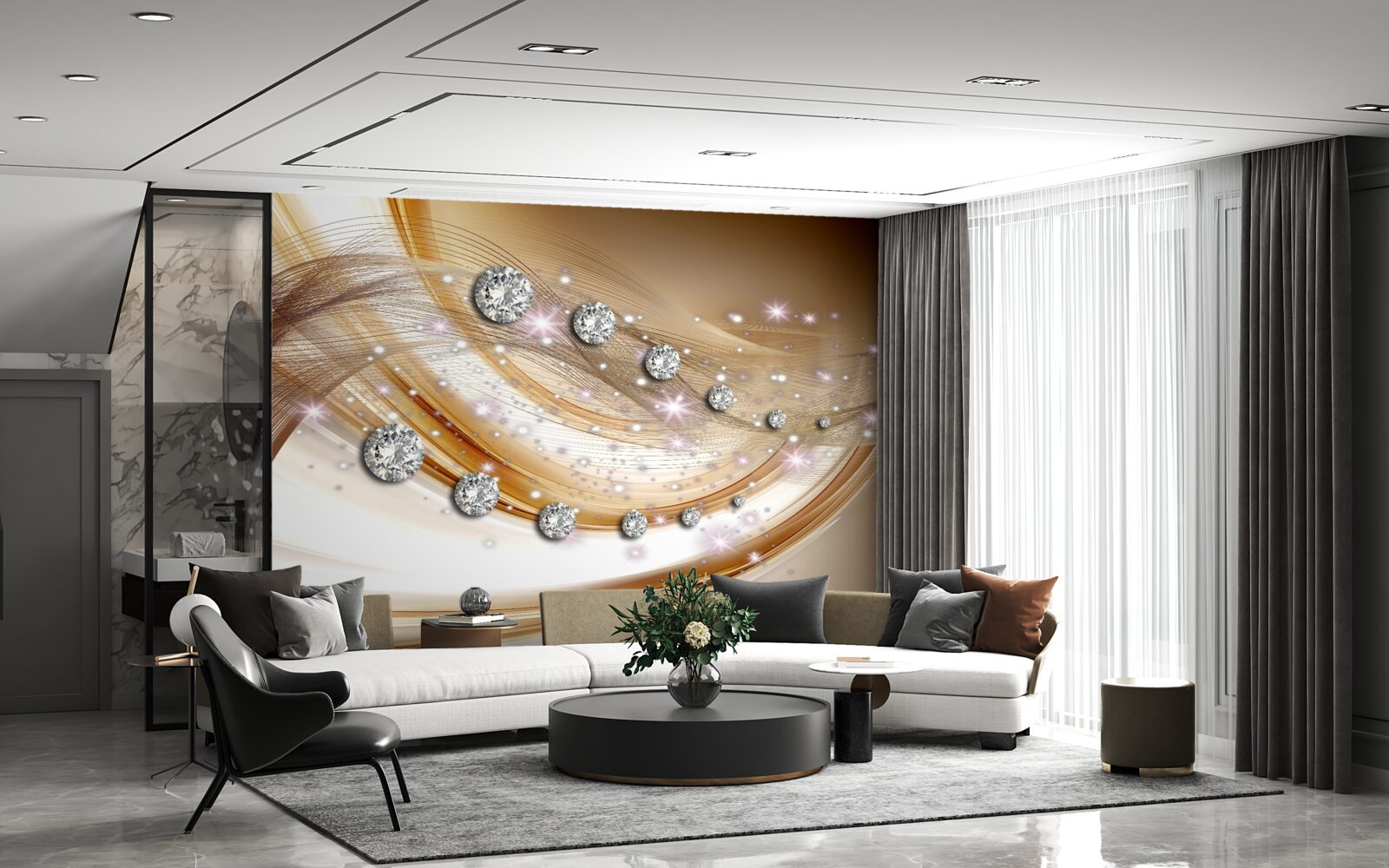 Fototapeten Goldene Seide mit Diamanten