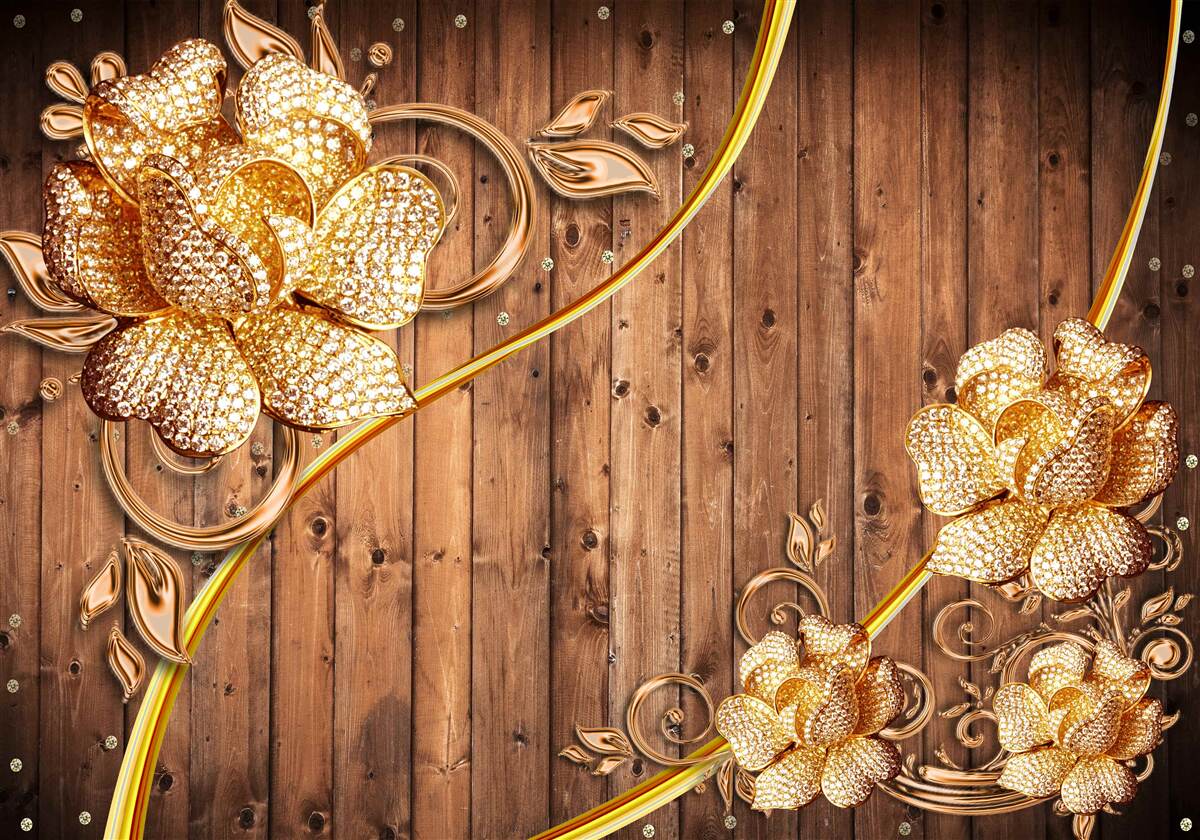 Fototapeten Goldene Blumen und Zweige am Baum