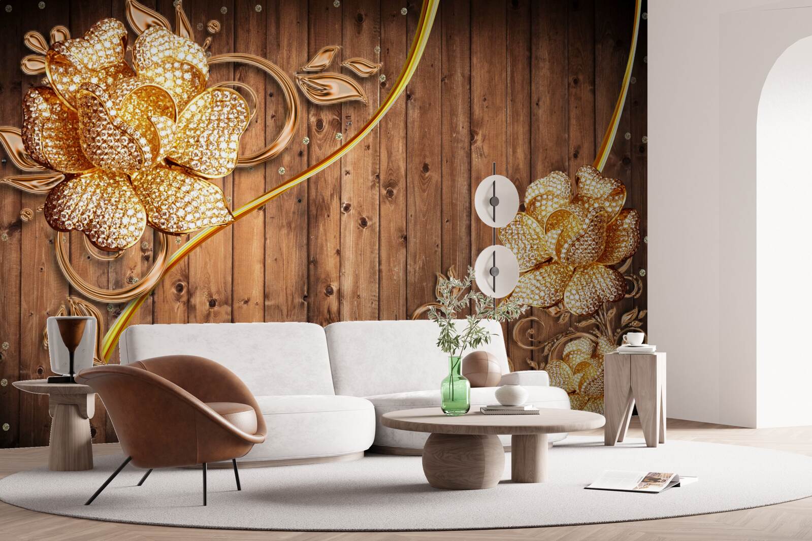 Fototapeten Goldene Blumen und Zweige am Baum