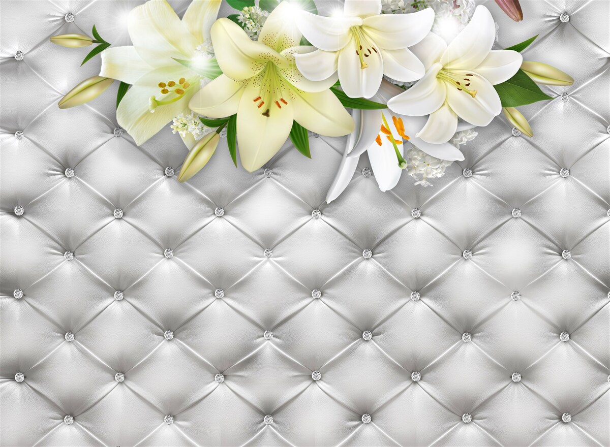 Fototapeten Stoff mit Perlen mit einem weißen Blumenmuster