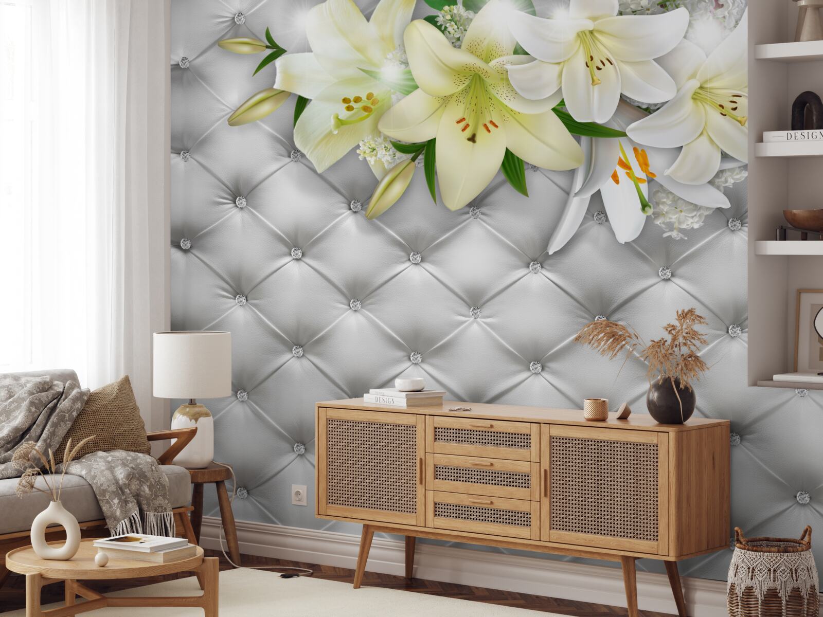 Fototapeten Stoff mit Perlen mit einem weißen Blumenmuster