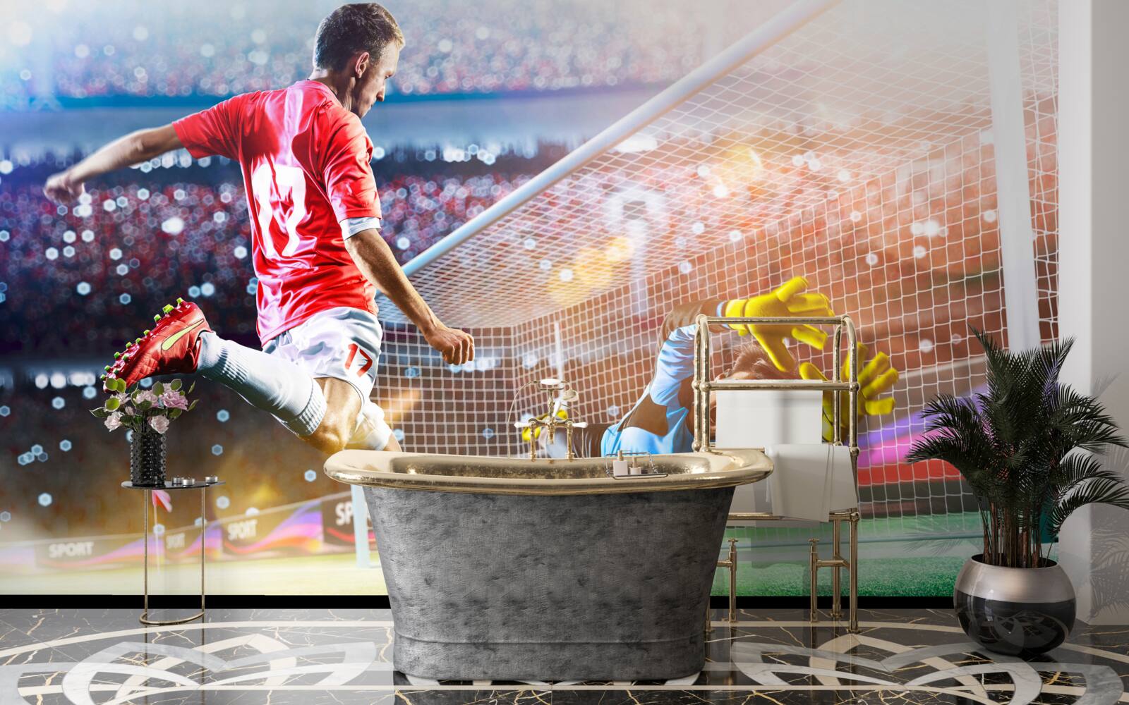 Fototapeten Der Spieler schießt auf das Tor